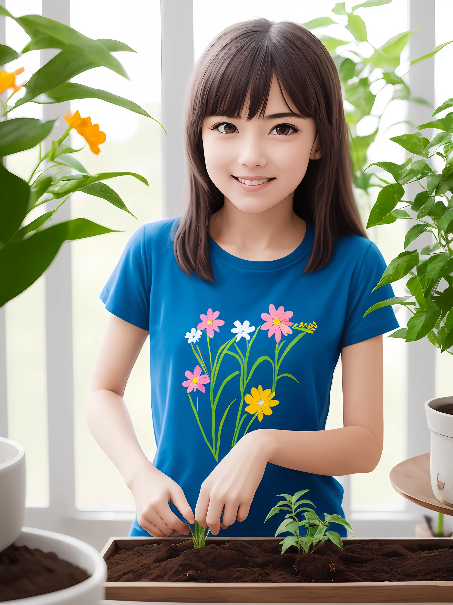 Cute girl holding plants，In the glass room，Planting plane vector, naive, handpainted, cheerful colors （Clutter - home：0.8）， （tmasterpiece：1.2） （realisticlying：1.2） （Bokeh） （best qualtiy） （detailedskin：1.3） （complexdetails） （8K） （detailedeyes） （Sharp focus）,（having fun）