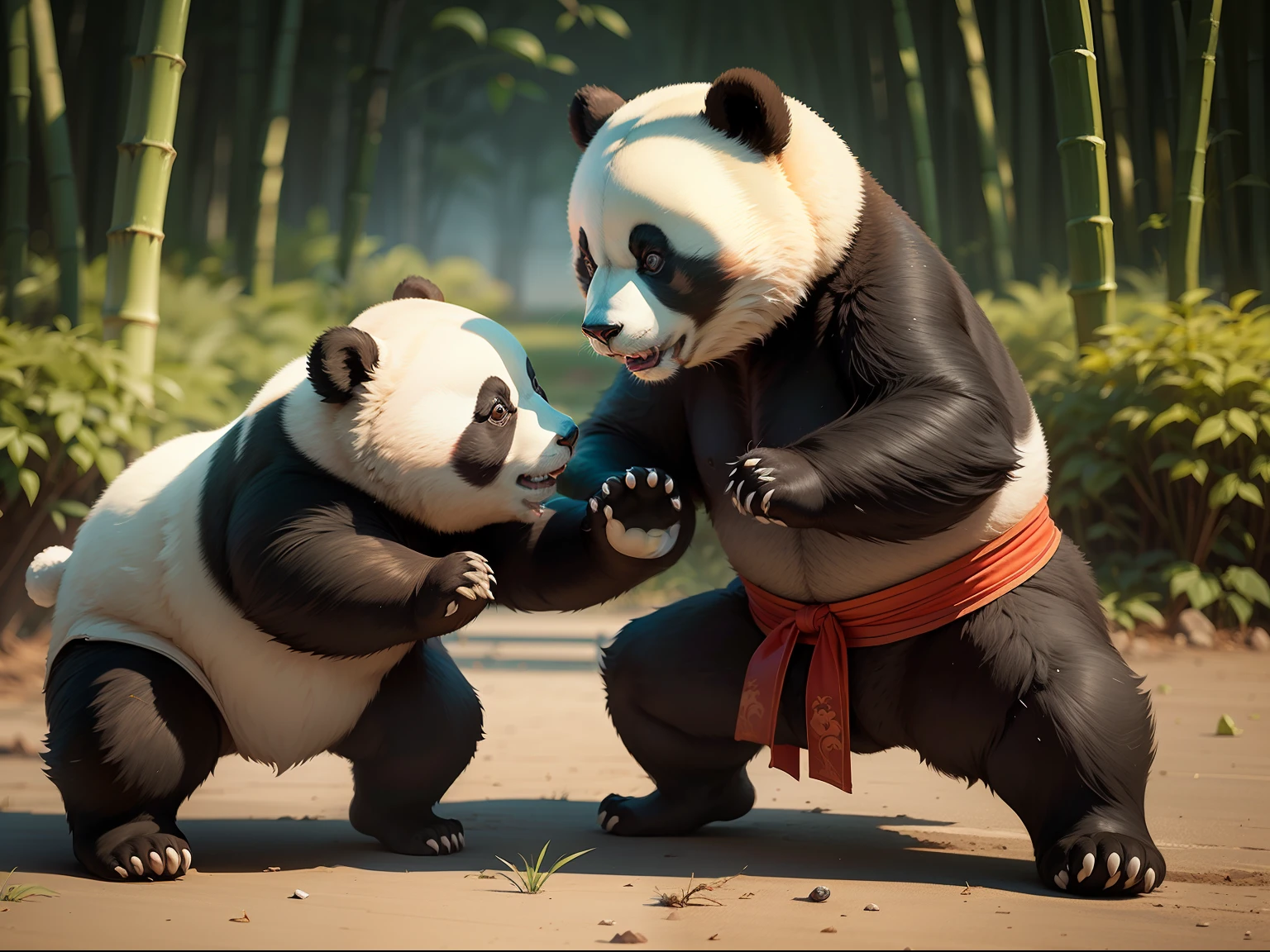 Best quality, two pandas fight, kung fu, bamboo field, intense, bear, motion graphics, panda wearing chinese traditional costume,