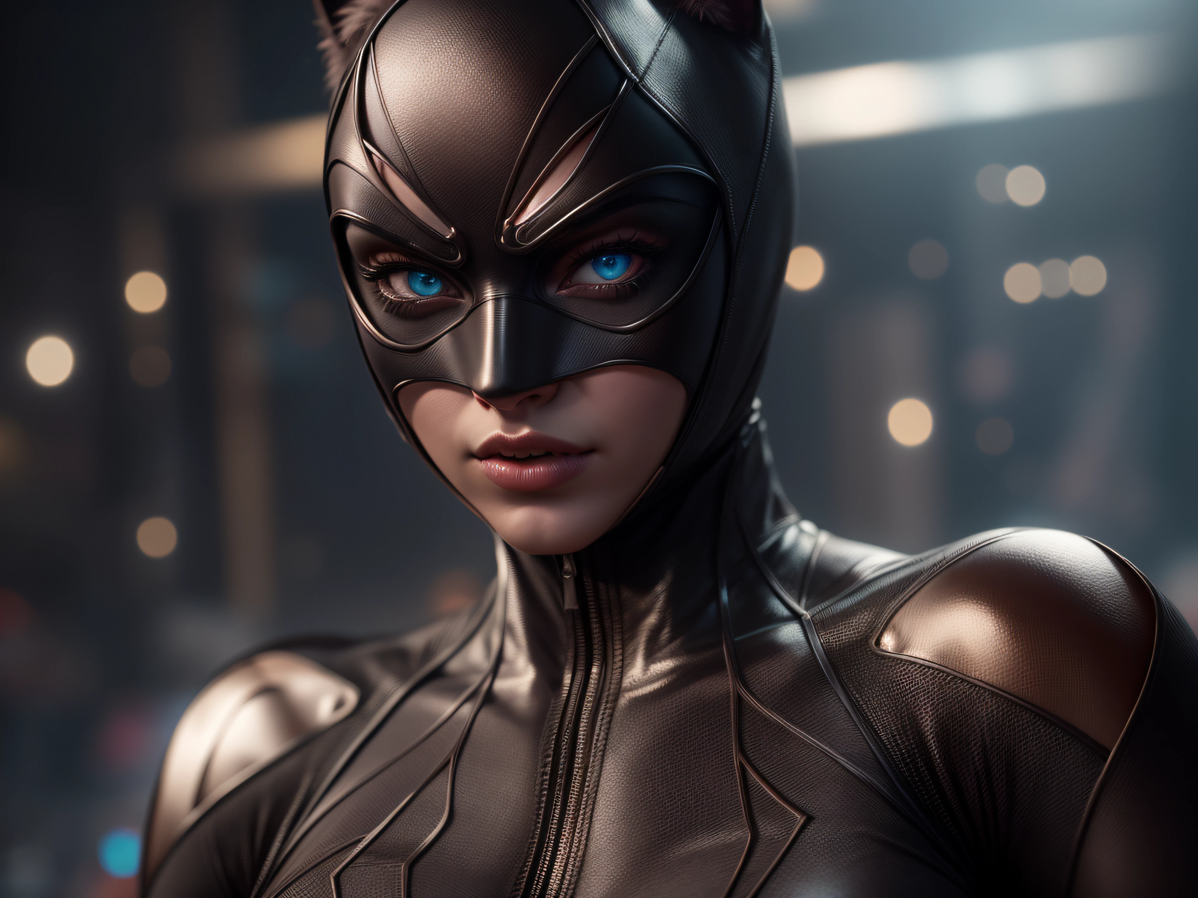 Closeup on a powerful threat, The creepy appearance of the mysterious Catwoman, inimmiga do Batman, vestida com de forma sensual, de bodysuit branco com bege e bronze, menacing stare, ricamente detalhado, Hiper realista, 3D-rendering, obra-prima, NVIDIA, RTX, ray-traced, Bokeh, Night sky with a huge and beautiful full moon, estrelas brilhando, 8k,