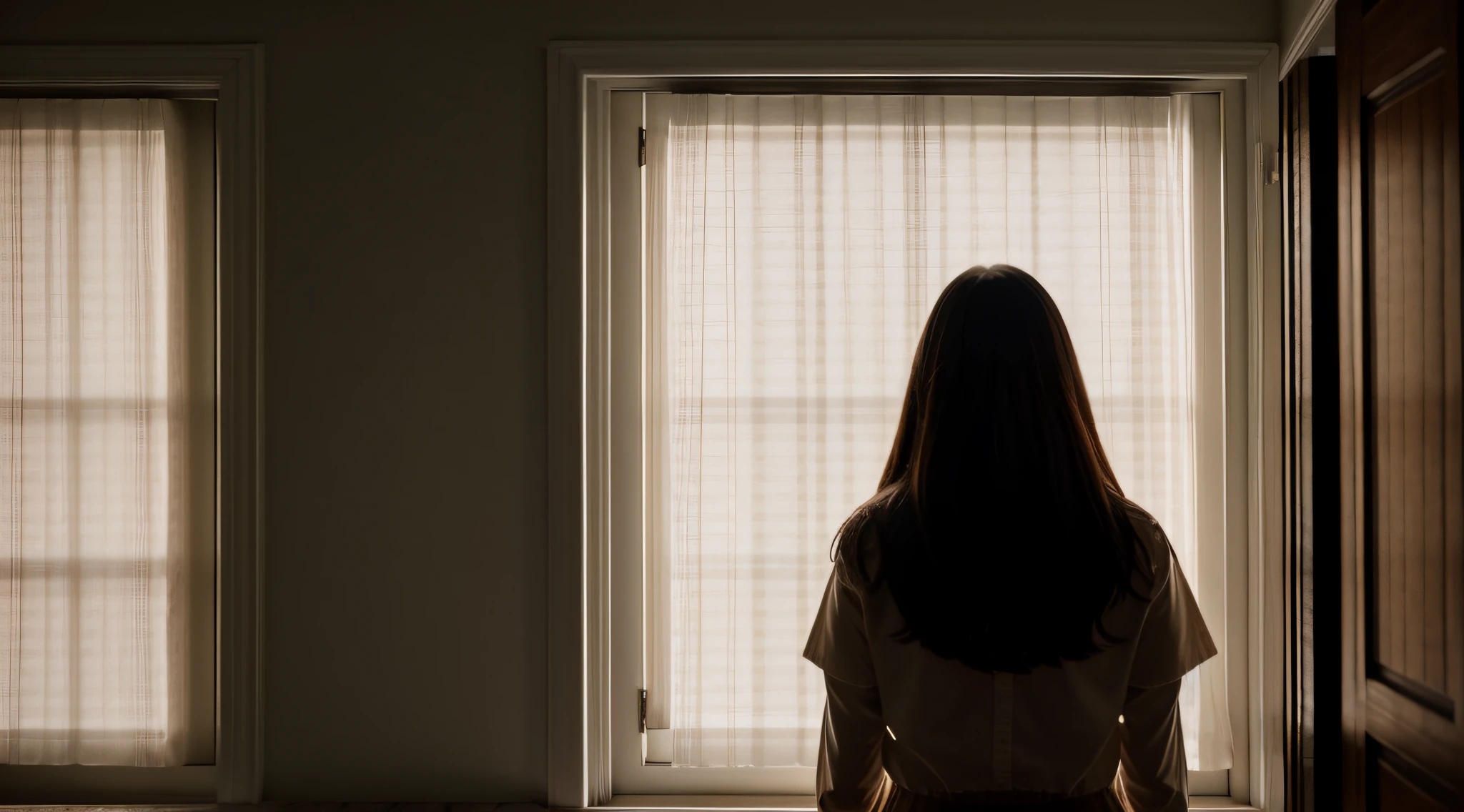 "Mujer misteriosa, cautelosa, watching from behind a closed blind."