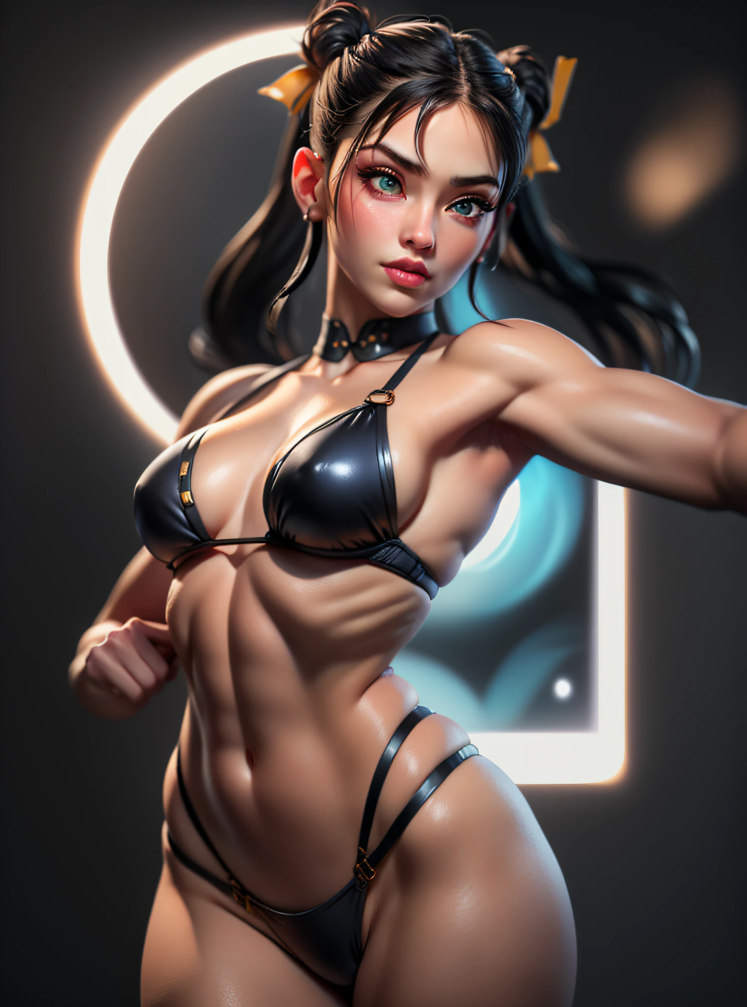 (masterpiece, high resolution, photorealistic: 1.4), Chun-li， ((Chun-li)), (beautiful light eyes), dressed in (little black micro-thong, black micro-bikini:Star motif), ((Beautiful and aesthetic)), Muscled abs, Sexy, (Standing in a moonlit pose in a martial arts arena: 1.2), (Sony Alpha a7R IV camera expertly used to capture this captivating moment: 1.2), (Paired with a versatile Sony FE 24-70mm f/2.8 GM lens, ensuring every detail is beautifully captured :1.2), (her skin glowing in the light :1.2), (a breathtaking shot of a mesmerizing woman displaying her stunning beauty :1.2).