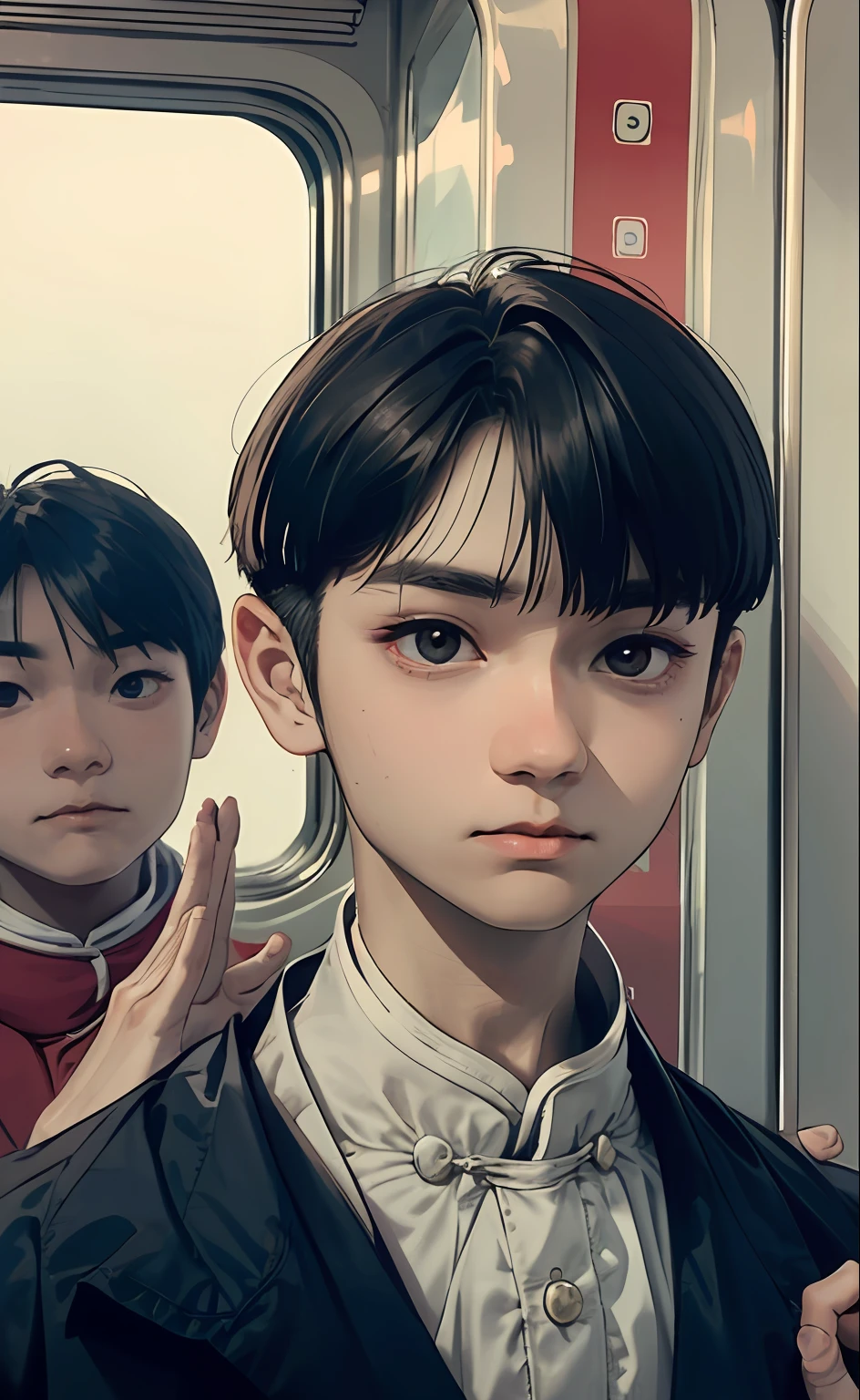 Mature boy, 1boy, male, black hair, floating hair, delicate eyes, brown pupils, f1.8, masterpiece, complex scene, gorgeous portrait shot, in the train, vintage costume