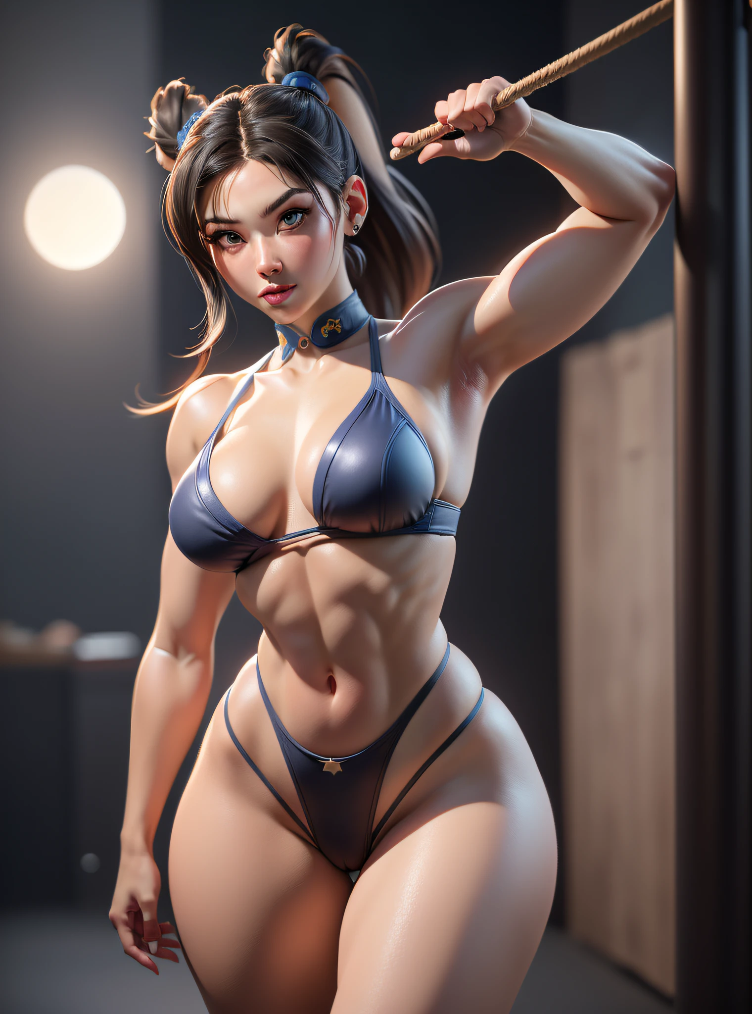 (masterpiece, high resolution, photorealistic: 1.4), Chun-li, ((Chun-li)), (beautiful light eyes), dressed in (little black micro-thong, black micro-bikini:Star motif), ((Beautiful and aesthetic)), Muscled abs, Sexy, (Standing in a moonlit pose in a martial arts arena: 1.2), (Sony Alpha a7R IV camera expertly used to capture this captivating moment: 1.2), (Paired with a versatile Sony FE 24-70mm f/2.8 GM lens, ensuring every detail is beautifully captured :1.2), (her skin glowing in the light :1.2), (a breathtaking shot of a mesmerizing woman displaying her stunning beauty :1.2).