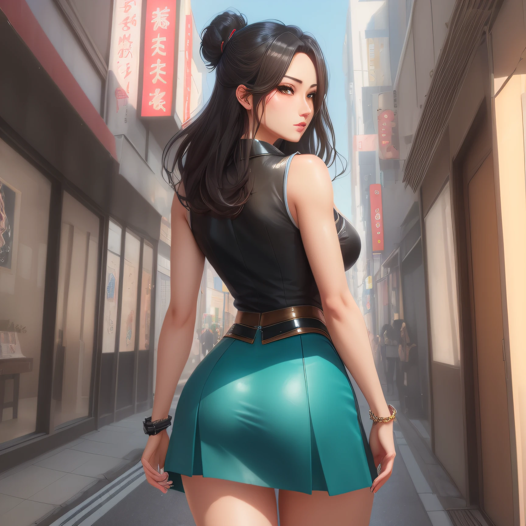 here is a woman walking down the street holding an umbrella, Back view!!, Back shot, back-view, Shot from the back, Backshots, From the back, back - shot, Back view, back - view, rear shot, Back Pose, rear shot, Green dress, picture from behind, Seen from the back, Short dress, Also the back view, (masutepiece, Beautiful Art:1.4), Close-up of Tokyo 25 years old 1 girl, Walking the streets of Tokyo, (Short teal skirt:1.3), cleavage, (Perfect beautiful face:1.2), mix4:0.7, chengwei pan on artstation, by Yang J, Detailed Real Art, Stunning character art, fanart best artstation, epic exquisite character art, very detailed Artgerm, Detailed Digital Anime Art, ArtGerm on ArtStation Pixiv, Remake an angelic female face