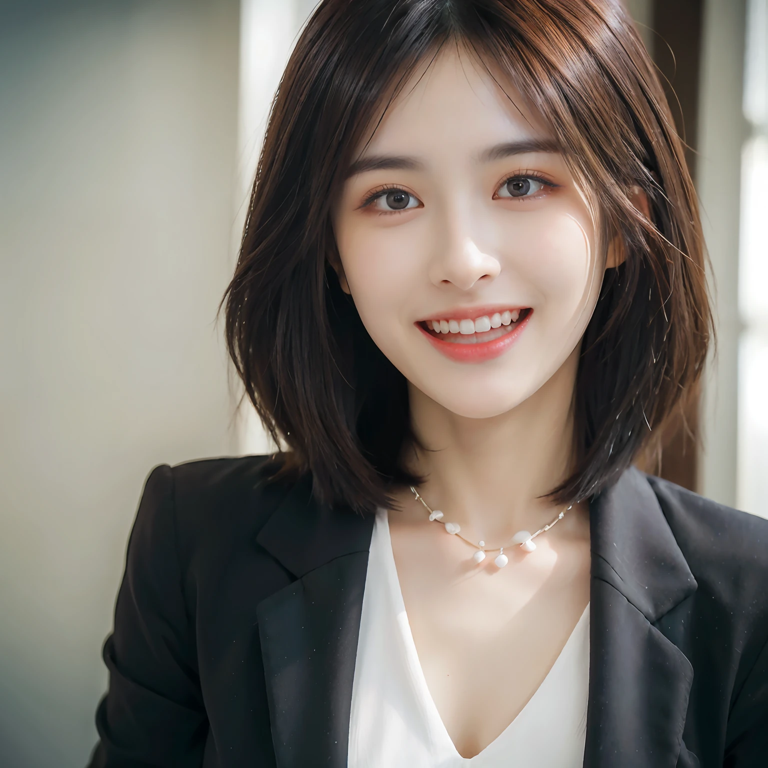Dressed, (photographrealistic:1.4), (Hyper realistic:1.4), (Realistic:1.3), (Smoother lighting:1.05), (increase cinematic lighting quality:0.9), 32K, 1girl in,25-years old, Realistic lighting, Backlighting, Light on Face, raytrace, (Brightening light:1.2), (Increase quality:1.4), (Top quality real texture skins:1.4), finely detailed eyes, finerly detailed face, (tired and sleepy and joy:0), (Laugh:1.4), Black Suit,a necklace, (Increase body line mood:1.1), (Increase the beauty of skin texture:1.1)