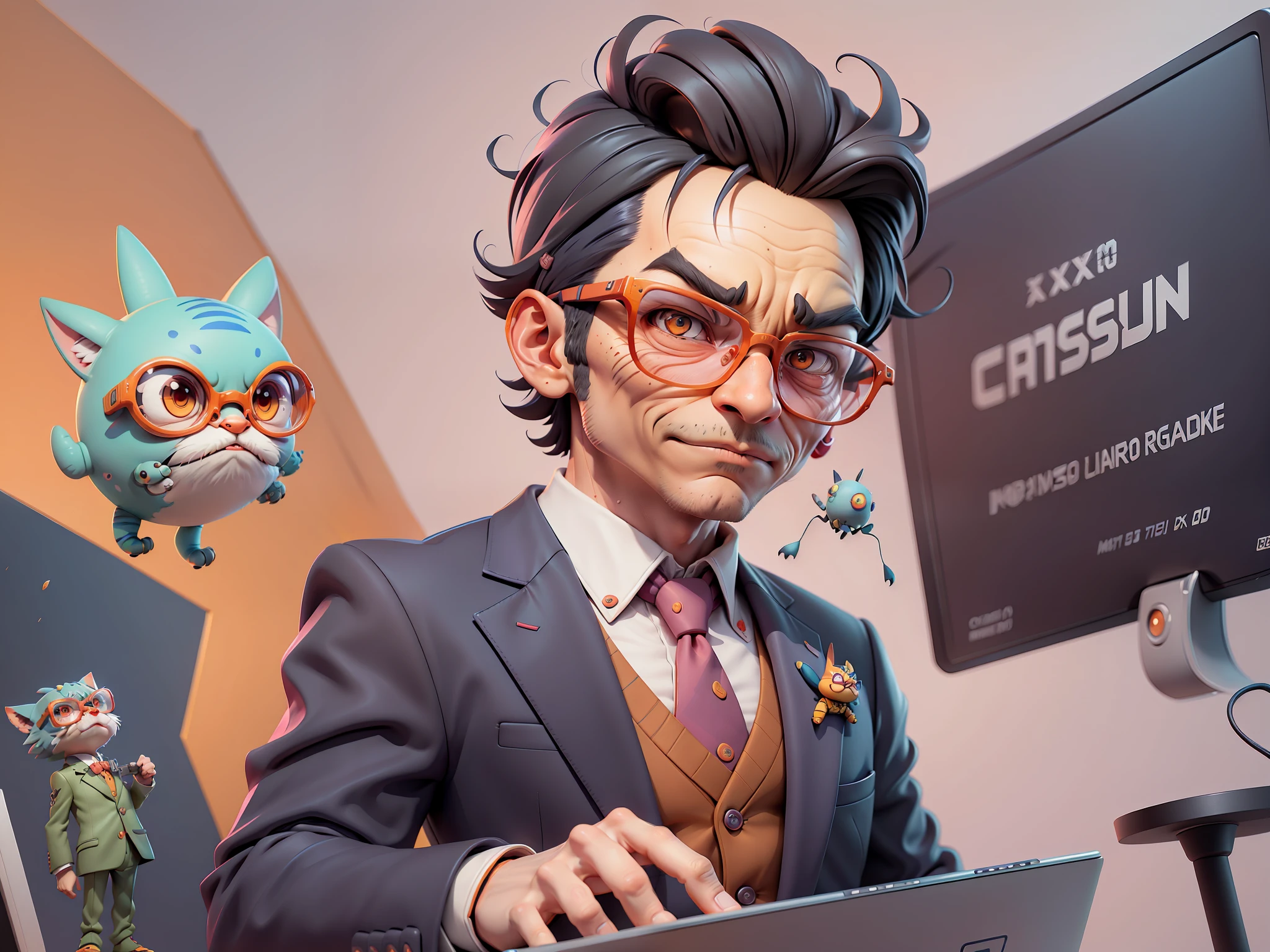 A young man in a suit, Short hair and glasses sat at his desk，holding laptop，digitial painting，tigre，3D character design by Mark Clairen and Pixar and Hayao Miyazaki and Akira Toriyama，4K HD illustration，Very detailed facial features and cartoon-style visuals。