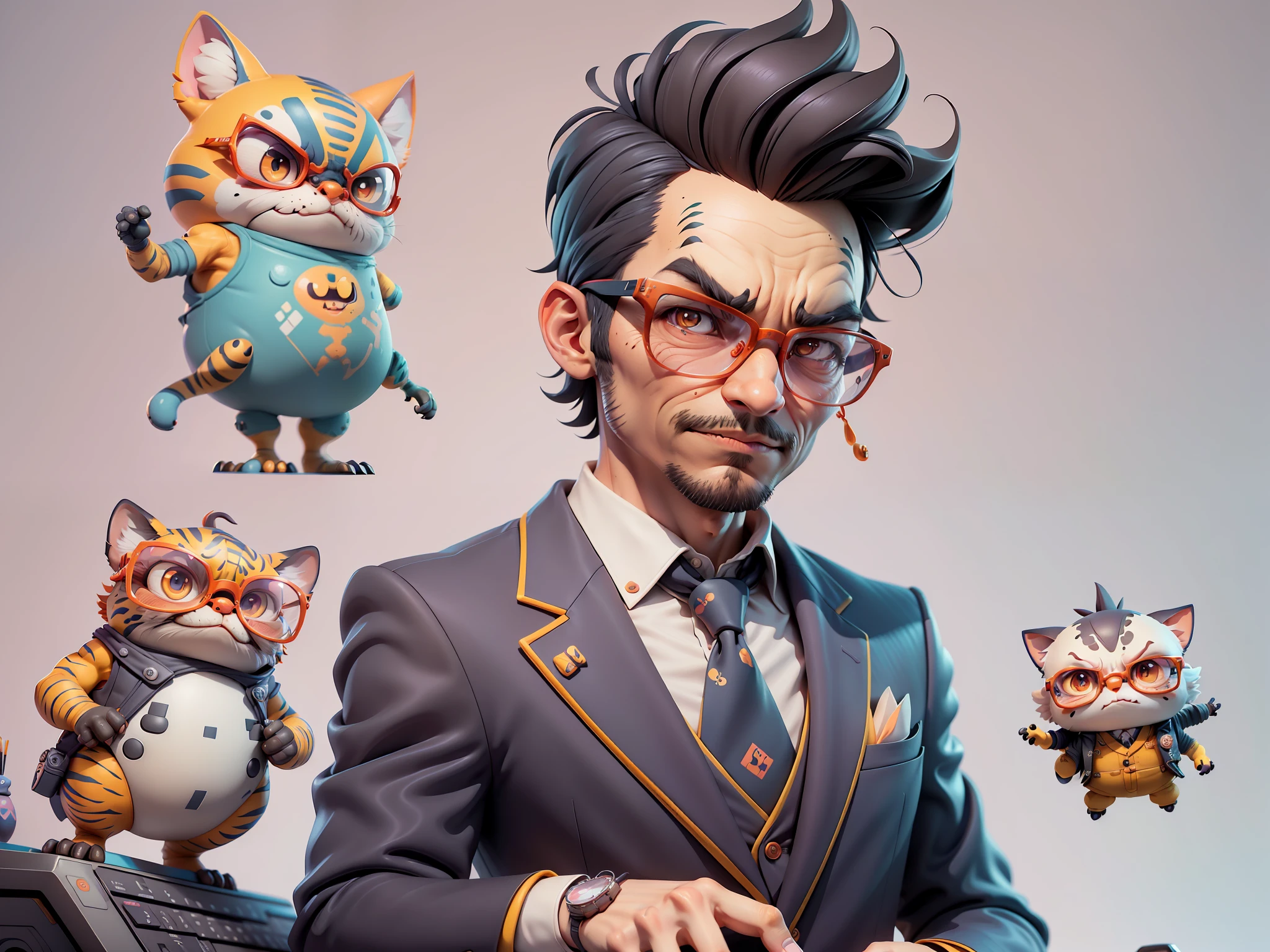 A young man in a suit, Short hair and glasses sat at his desk，holding laptop，digitial painting，tigre，3D character design by Mark Clairen and Pixar and Hayao Miyazaki and Akira Toriyama，4K HD illustration，Very detailed facial features and cartoon-style visuals。