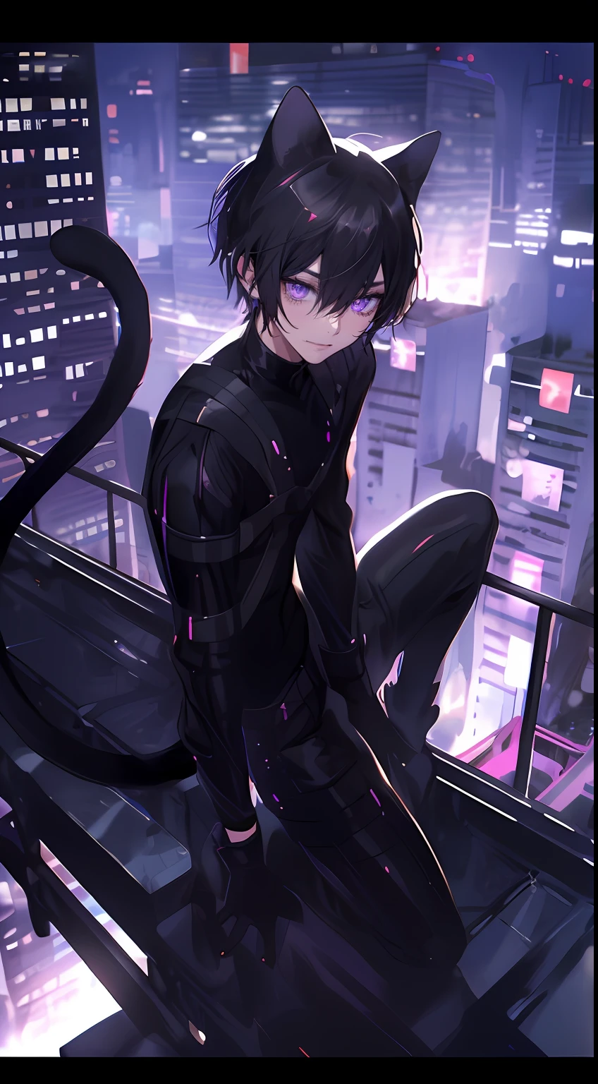 ((male people))、Cat's ears、A dark-haired、((amethyst eyes))、Shining eyes、Slender eyes、Hanging、ssmile