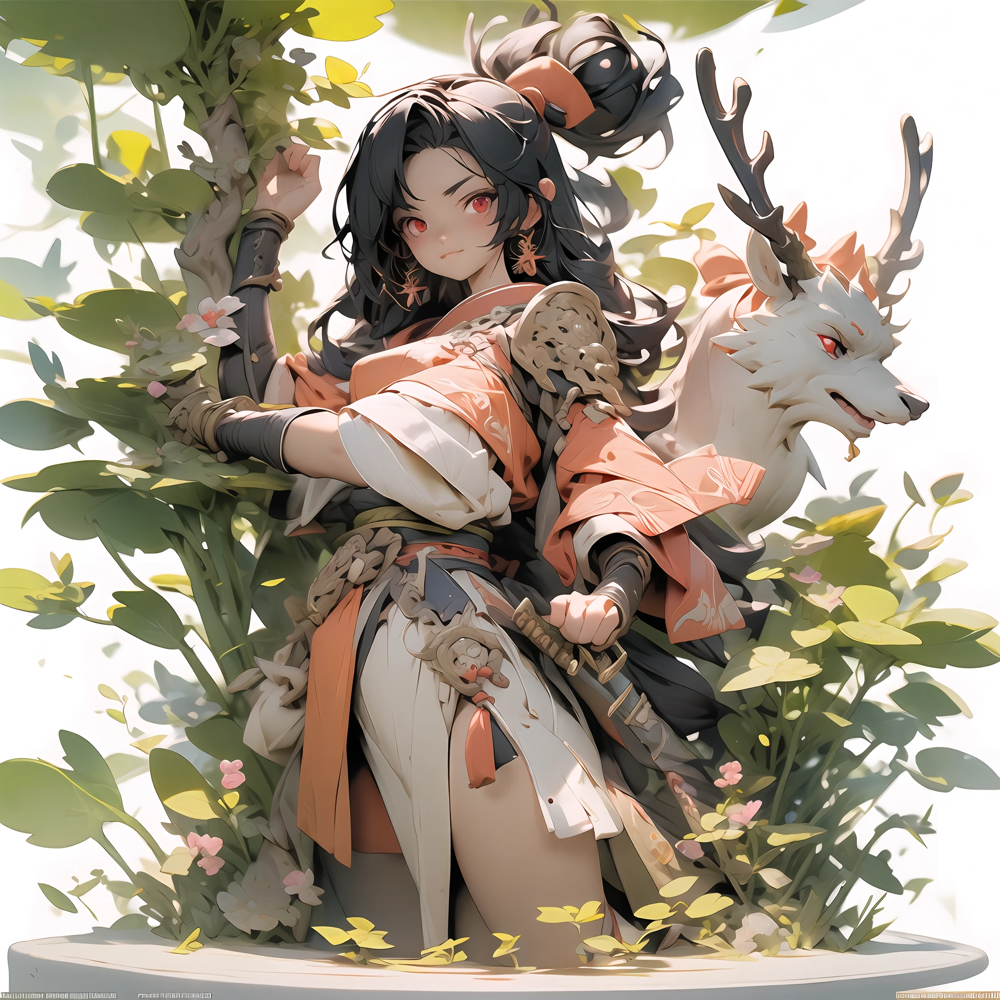 best quality, masterpiece, ultra high res, (depth of field), professional lighting, physically-based rendering, perfect anatomy, hyper extreme detailed cg unity 8k wallpaper, BREAK
samurai, holding japanes sword, japanes aromr, fighting stans,((a very cute and beautiful chibi anime girl)), Japanese castle, scenery of the edo period, full body, standing, highly detailed face and eyes, clearly outlined, solo, (red eyes), (black hair), (two heads high), Deer horn, 3D render