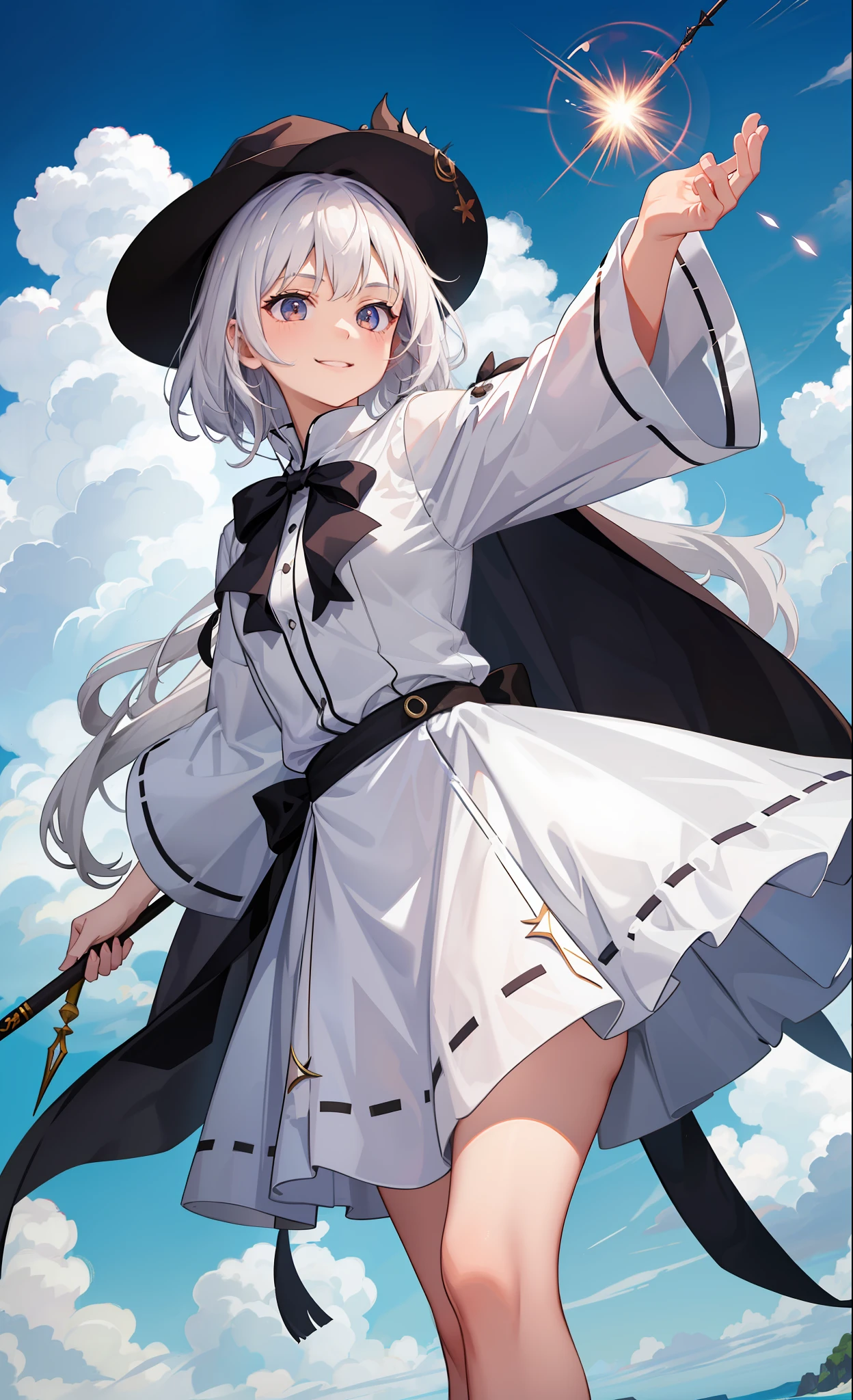 1girl in、A smile、The shirt、Blouse、skirt by the、（small tits）Chilarism、movement、Hats、cloaks、magic wands、Sorcerer、white  hair、