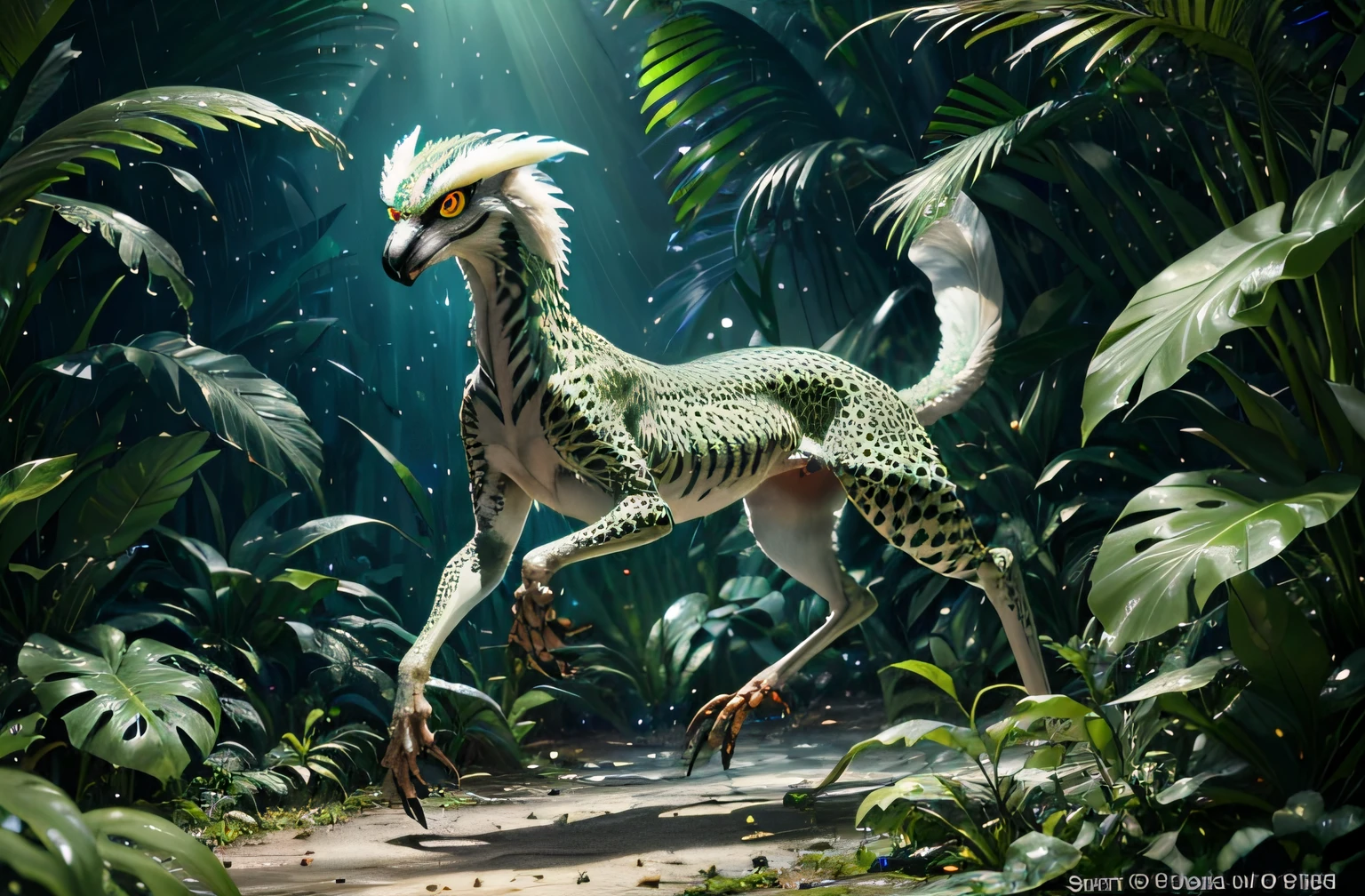 four-legged fast creature, like a greyhound, predator creature with (long monkey tail), slim like cheetah with green feathers and beak. predator creature like gepard with feathers ((four legs)) slender, long body with feathers, green gepard body with feathers, long legs creature with transparent and lighting body, walking on all six legs, owl head, lemur head, ((four eyes)),jellyfish transparent body, 4 leghs, in the jungle, jungle, rain forest, high image quality, realistic look, high-resolution photography, 8K, full-frame matrix, deep shadows, ((one character)), (intricate details, subsurface scattering, hyperdetailed:1.15), (hyperrealism, volumetric lighting, sharp:1.5) Fujifilm XT3