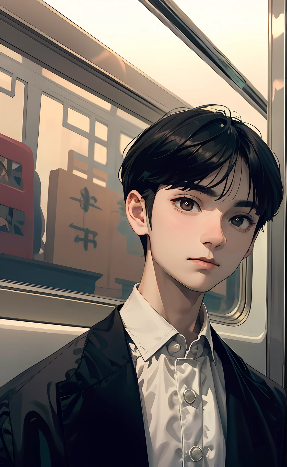 Mature boy, 1boy, male, black hair, floating hair, delicate eyes, brown pupils, f1.8, masterpiece, complex scene, gorgeous portrait shot, in the train, vintage costume