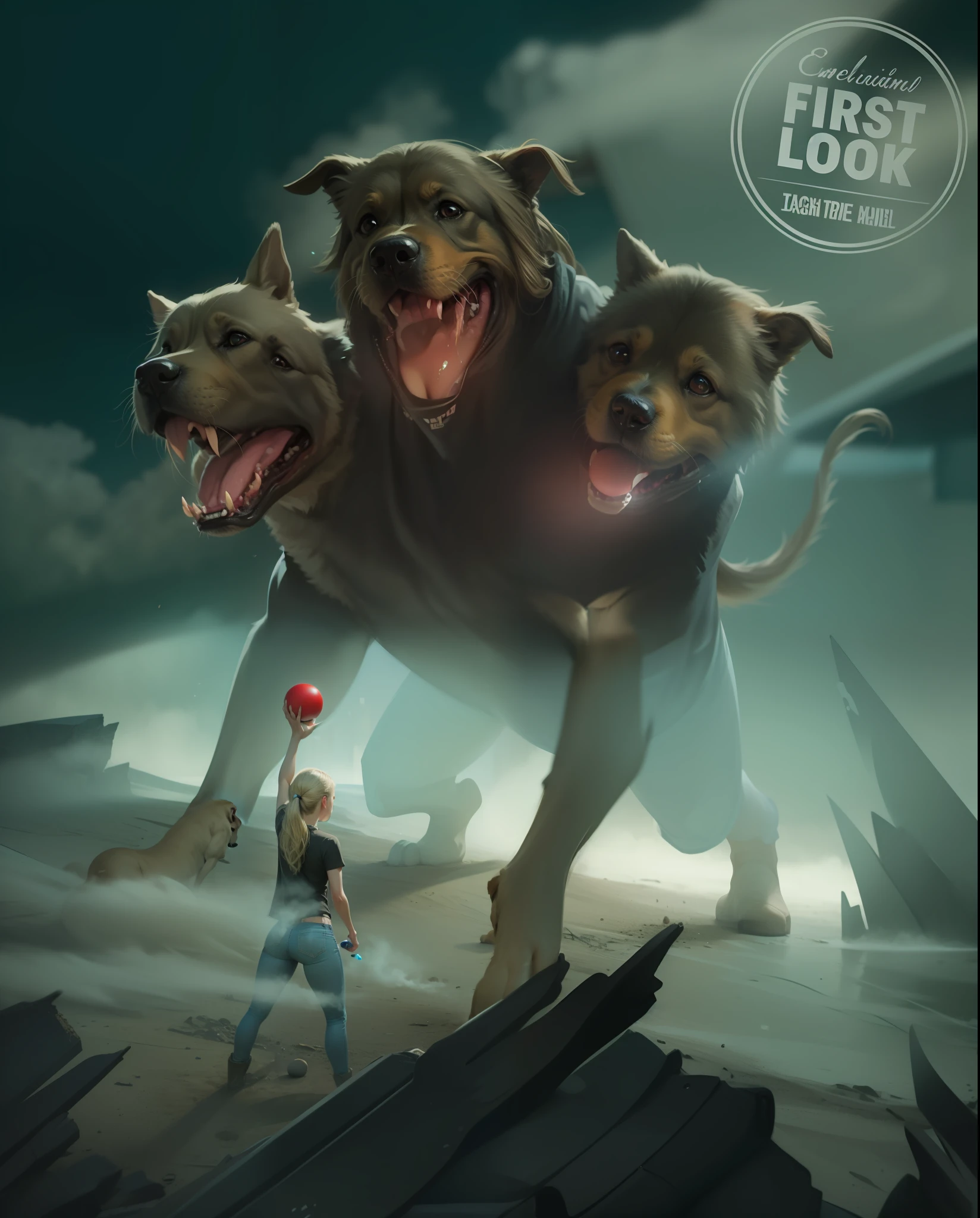 4k, realistic, very detailed. Blonde female teenager in black T-shirt and jeans. This holding a red ball and a 3-headed dog