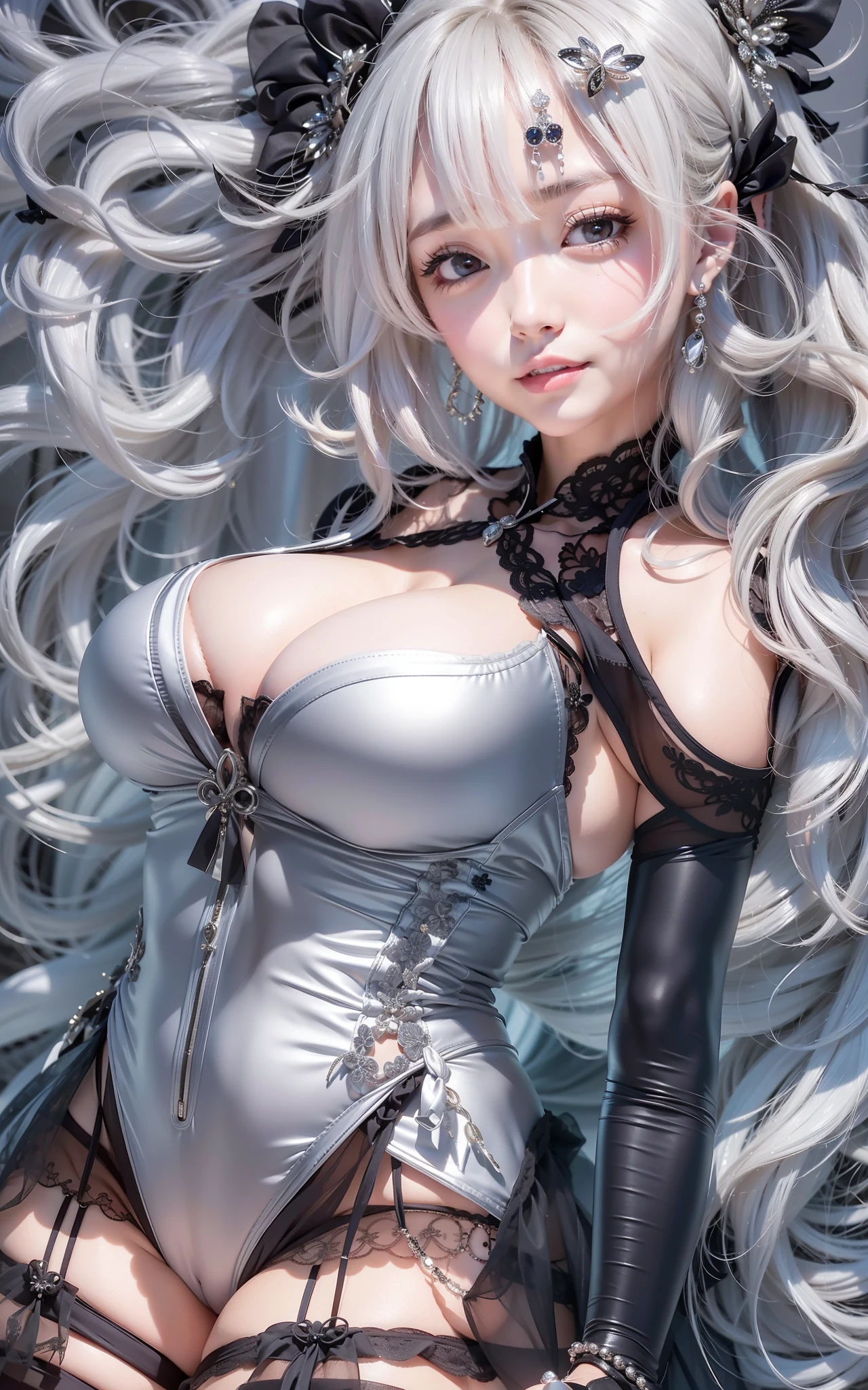 1girl in, ((Shiny skin)), (Silver hair), ((Open thighs)), (), ((cum on chest)), Body climax, NSFW, ((Black ta)), neons, Look at viewers, face to viewer,((Short hair)), (Curly hair),(( close-up)),(high-heels), Large breasts,(Highly detailed CG 8k wallpaper)、(extremely delicate and beautiful)、(​masterpiece)、(top-quality:1.0)、(超A high resolution:1.0)、beautiful  lighting、Hard nipples、mekosji、perfect lightning bolt、Pulling skirt、realistic shadow、[Hi-Res]、Detailed skin、ultra-detailliert、Thigh opening、One leg raised、Squat on the floor、Black Sai Hai、Red High Heels、large earring、thighs thighs thighs thighs、 (((colourfull)))、toppless、beauty mark、Angle from below