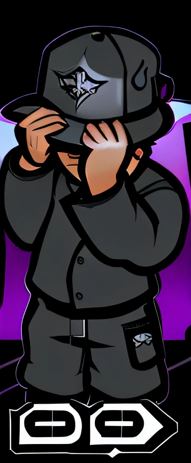 a cartoon drawing of a person wearing a hat and holding a camera, Deus torcido sem rosto, thicc, emote twitch, villain pose, foto de perfil do discord, evil pose, Pose distorcida, among us imposter, vestindo vestes pretas e roxas, sem rosto, pose assustadora e raivosa, closeup estilo gesto pesado, capuz cobre os olhos, menacing pose