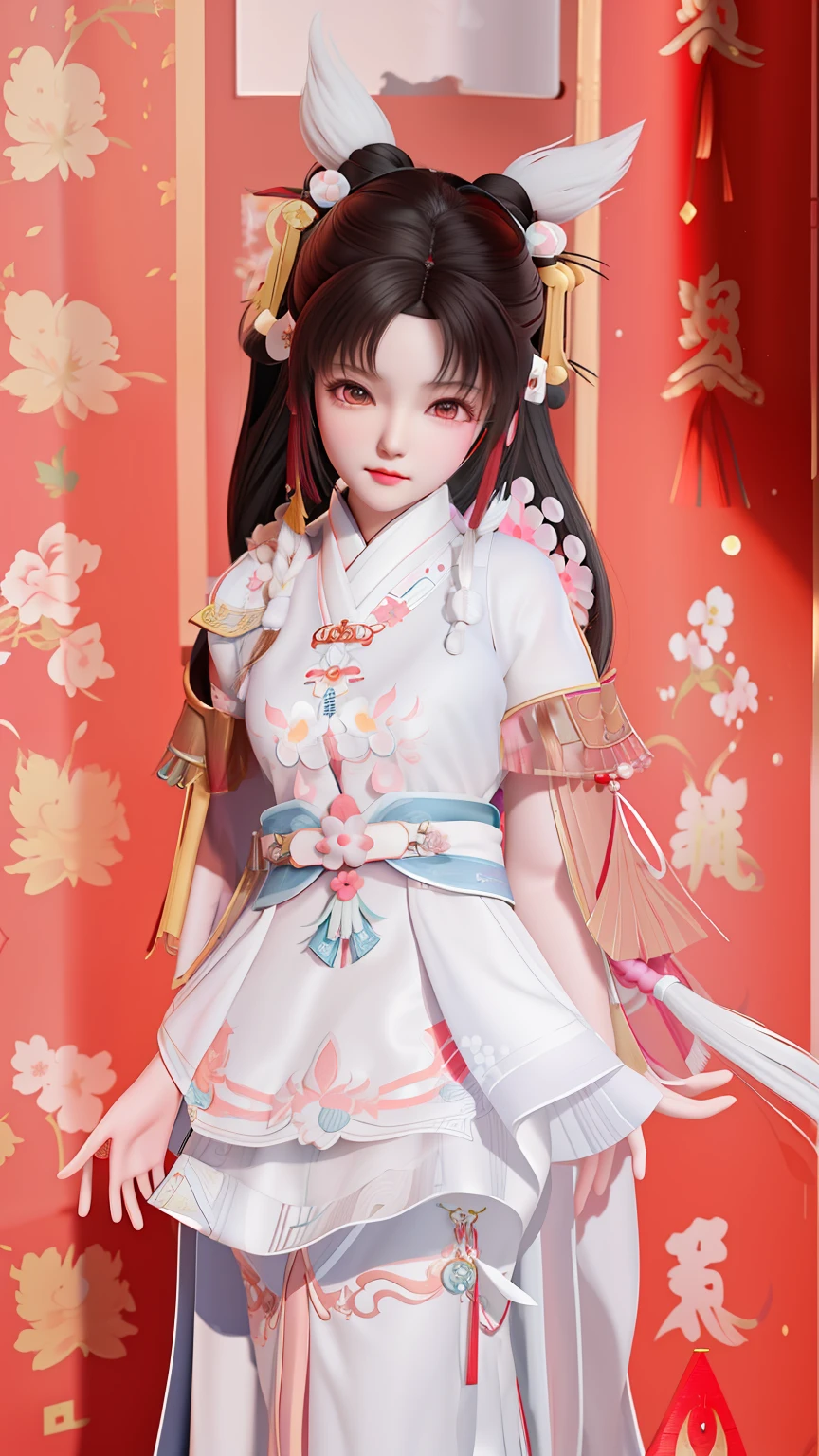 there is a doll that is standing in a room, inspired by Li Mei-shu, White Hanfu, Guviz, Palace , A girl in Hanfu, Loli, reimu hakurei, full-body xianxia, Also, artistic renderings of Reimu Hakurei, guweiz masterpiece, anime styled 3d