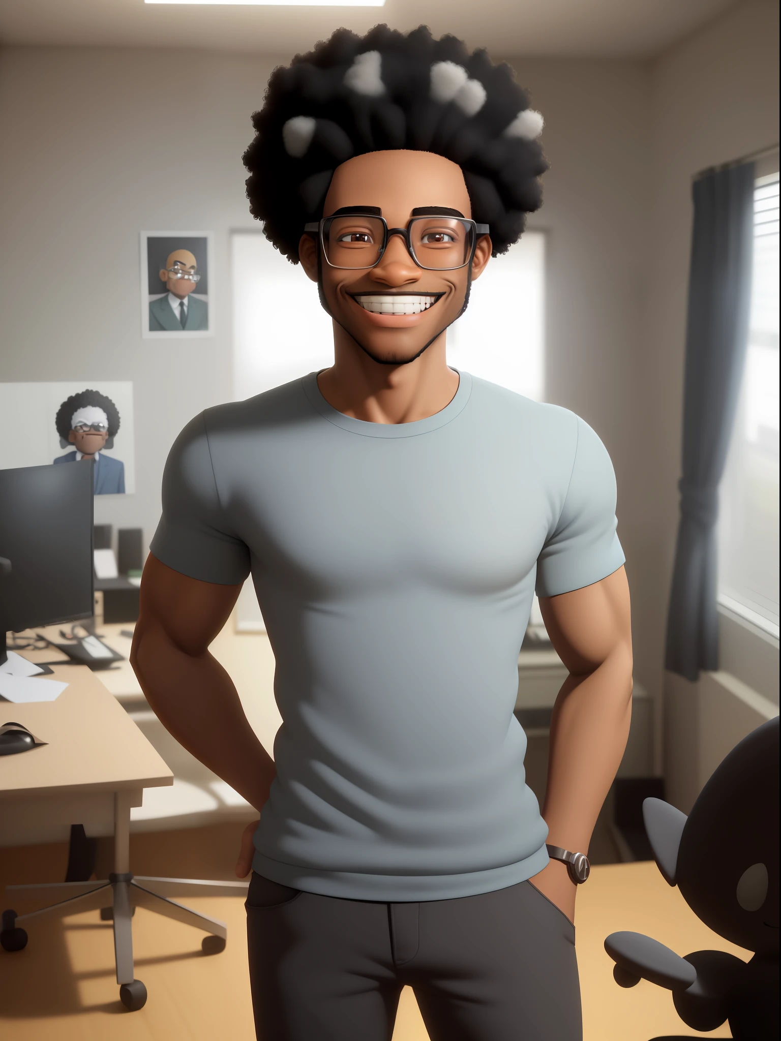 Personagem de desenho animado 3D, in a room in the office, Black man with glasses, (afetos faciais detalhados) (((homem))), como um personagem pixar, bonito, afro, machine-cut hair and chin hole, (((sorriso bonito))), imagem renderizada