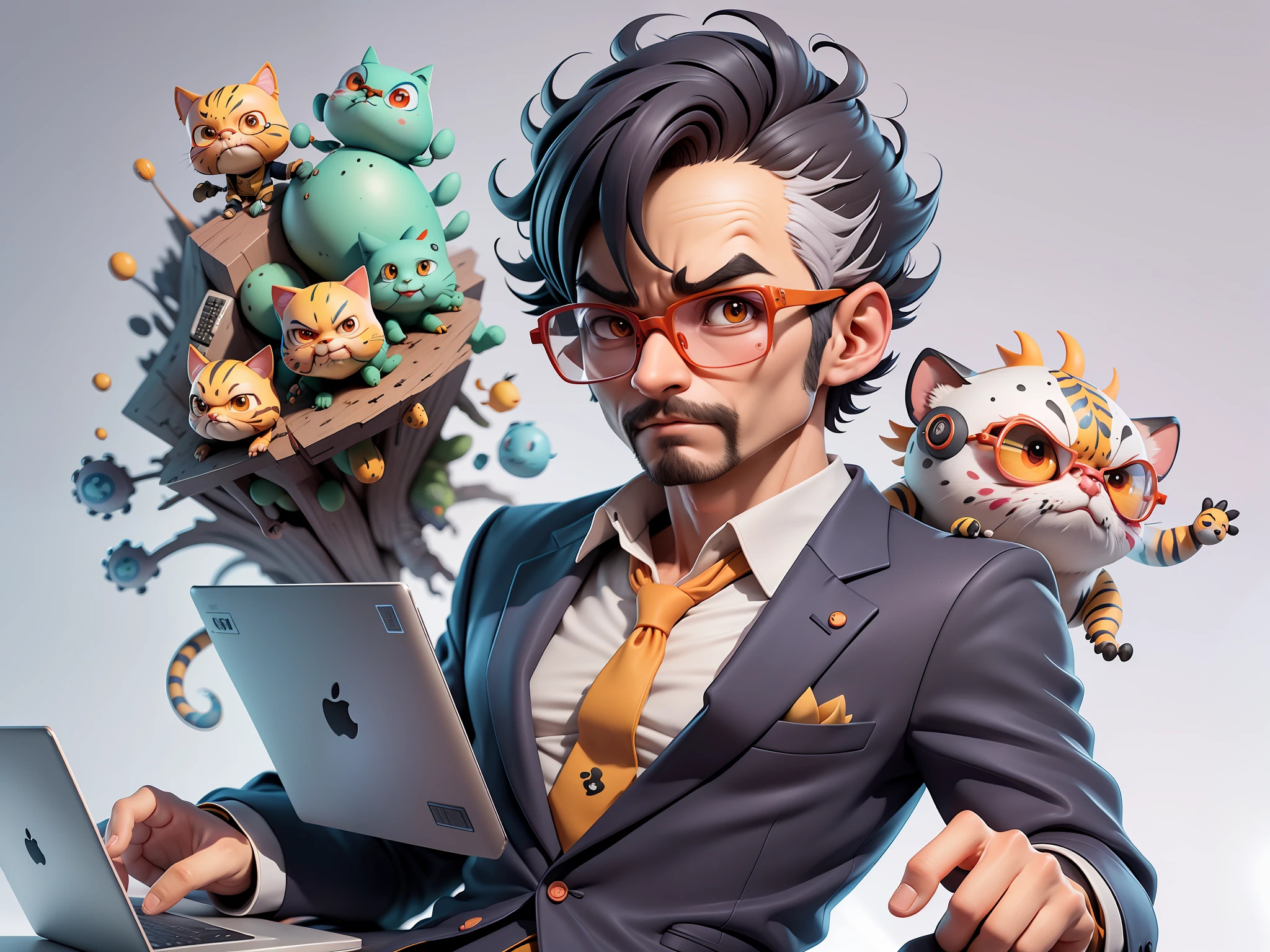 A young man in a suit, Short hair and glasses sat at his desk，holding laptop，digitial painting，tigre，3D character design by Mark Clairen and Pixar and Hayao Miyazaki and Akira Toriyama，4K HD illustration，Very detailed facial features and cartoon-style visuals。