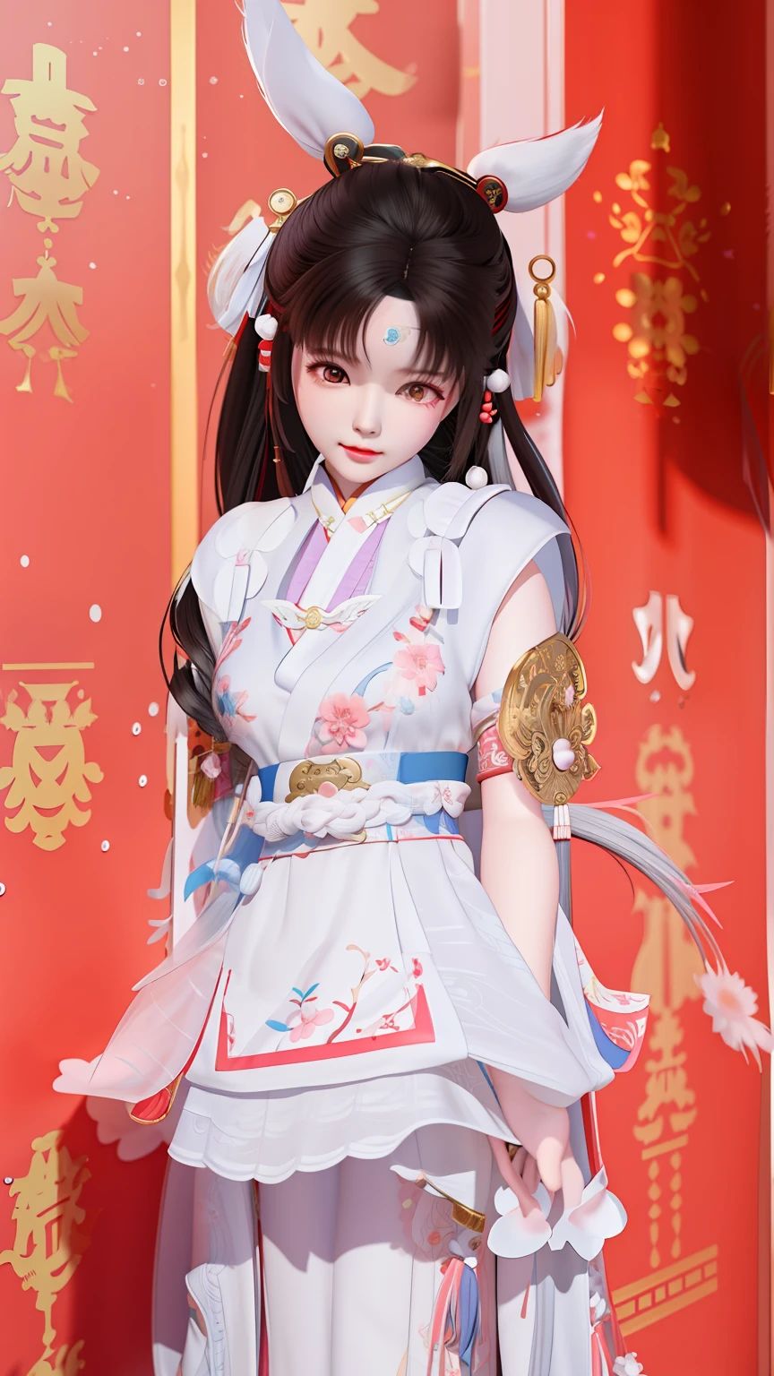 there is a doll that is standing in a room, inspired by Li Mei-shu, White Hanfu, Guviz, Palace ， A girl in Hanfu, Loli, reimu hakurei, full-body xianxia, Also, artistic renderings of Reimu Hakurei, guweiz masterpiece, anime styled 3d