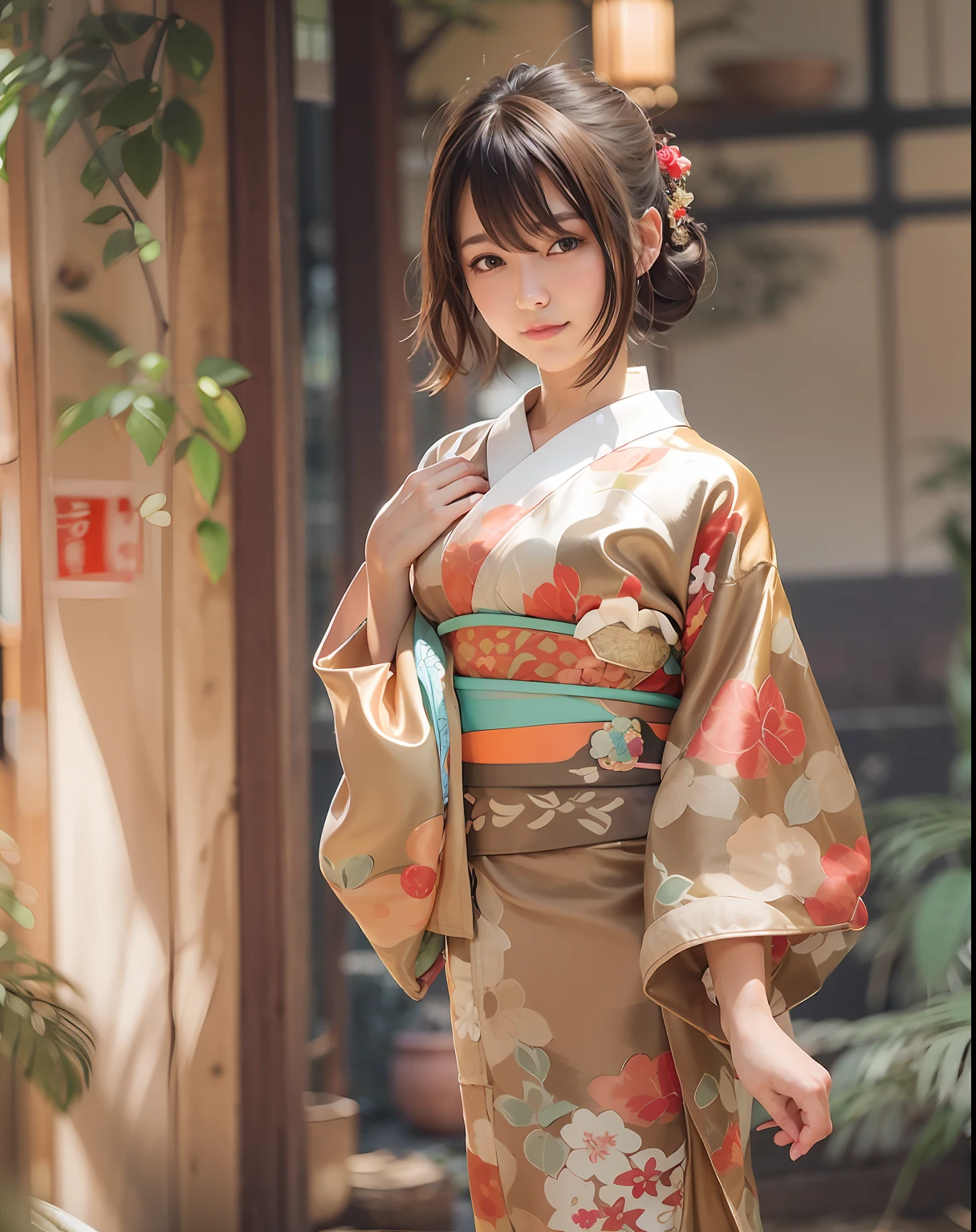 top-quality、Face Focus、softlight、(depth of fields)、超A high resolution、(Photorealsitic:1.4)、RAW Photography、(portlate:1.4)、(from the front side) 1 Japan girls、2guys、cute little、(full of shyness、a smile: 1.1)、(brown-eyed)、detailed beautiful faces、(short-hair)、traditional Japanese room (Silk kimono:1.4)、A sexy