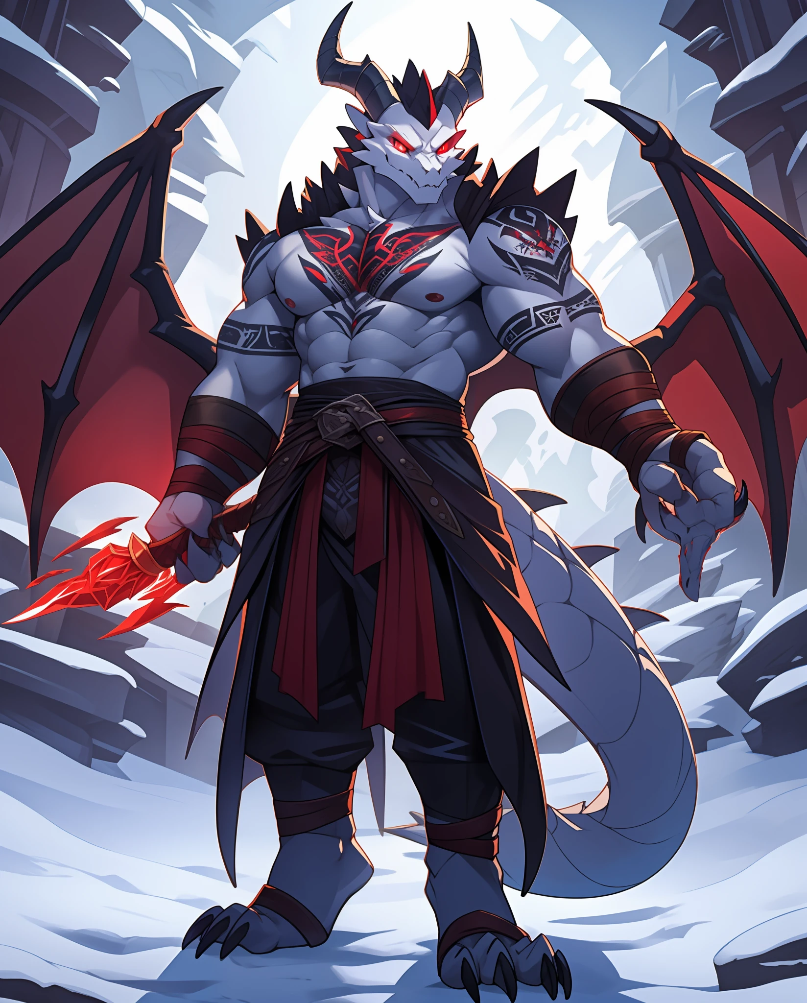 Anthropomorphic Lizard, snow-white scales snow white devil horns, glowing red eyes, large Ice demon-like wings, long arms with wraps and leather bands ending in wicked bone-like claws, bat tattoo, masterpiece, best quality
