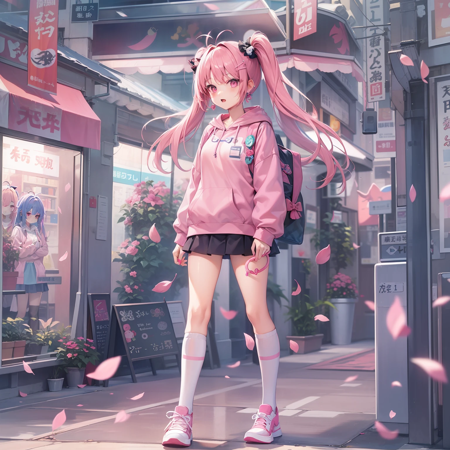 Anime style、1人、full body Esbian、show the grinps、{hairstyle on:(Pink hair)、(Longhaire),(Twin-tailed),(Antenna Hair)}、Pink eyes、pink hoodie、Four-leaf earrings、pink miniskirt、White High Socks、to stand、Pink sneakers、Front composition