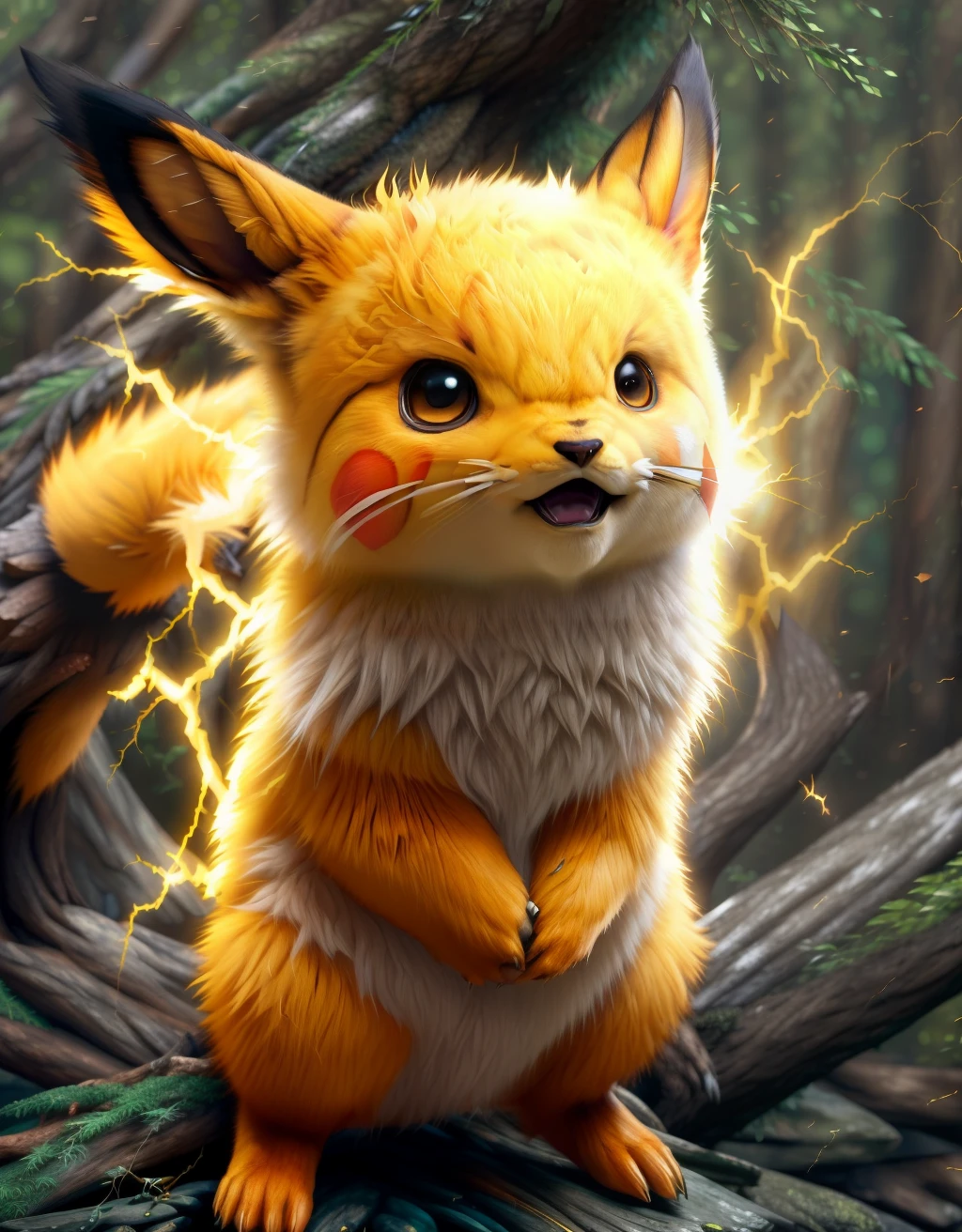 photo of the most beautiful artwork in the world featuring (fur:1.2), pokemon, with lightning coming from cheeks, full body 8k unity render, action shot, skin pores, very dark
lighting, heavy shadows, detailed, detailed face, (vibrant,
photo realistic, realistic, dramatic, dark, sharp focus, 8k),
(intricate:1.4), decadent, (highly detailed:1.4), digital
painting, octane render, ((forest background:1.2))