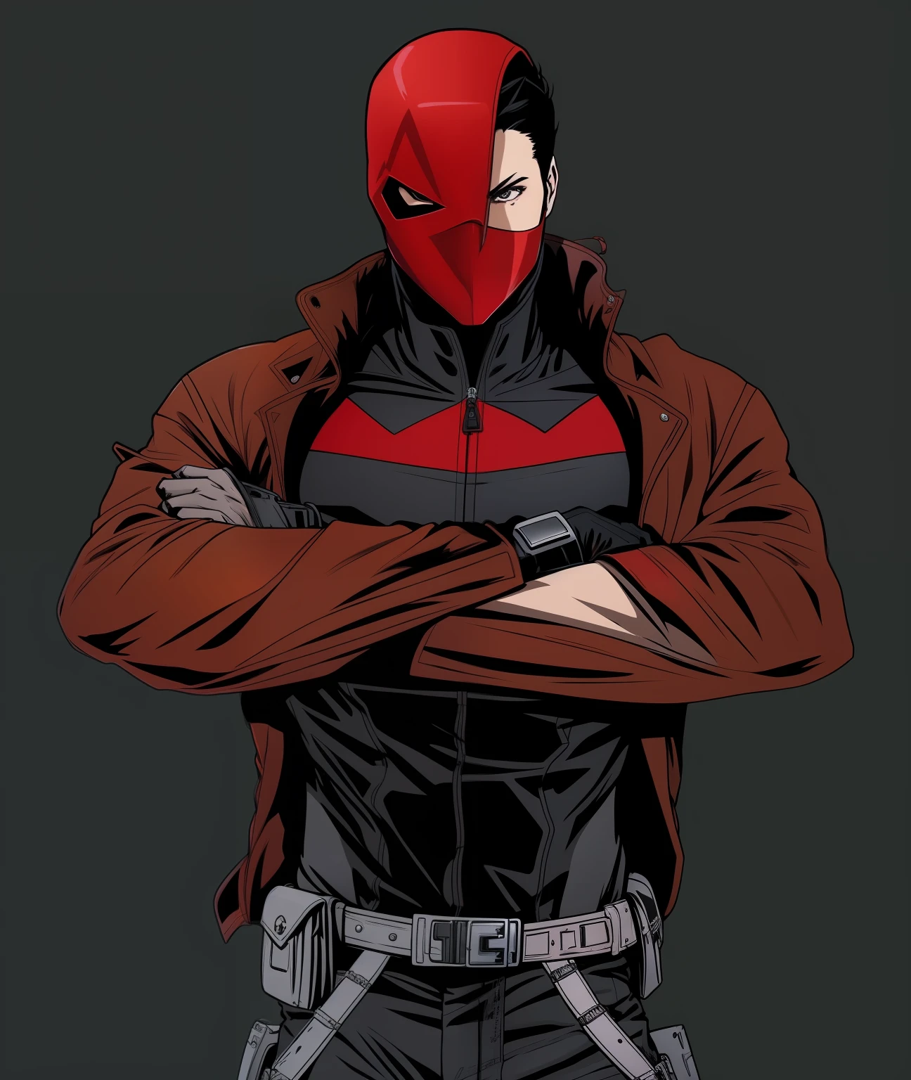 a close up of a person with a red mask and a brown jacket, red hood cosplay, red hoods, the red ninja, red skinned, textless, crimson attire, damian kryzwonos, inspired by Paul Kane, red faced, red son, inspired by Ryūsei Kishida, he‘s wearing a red scarf
