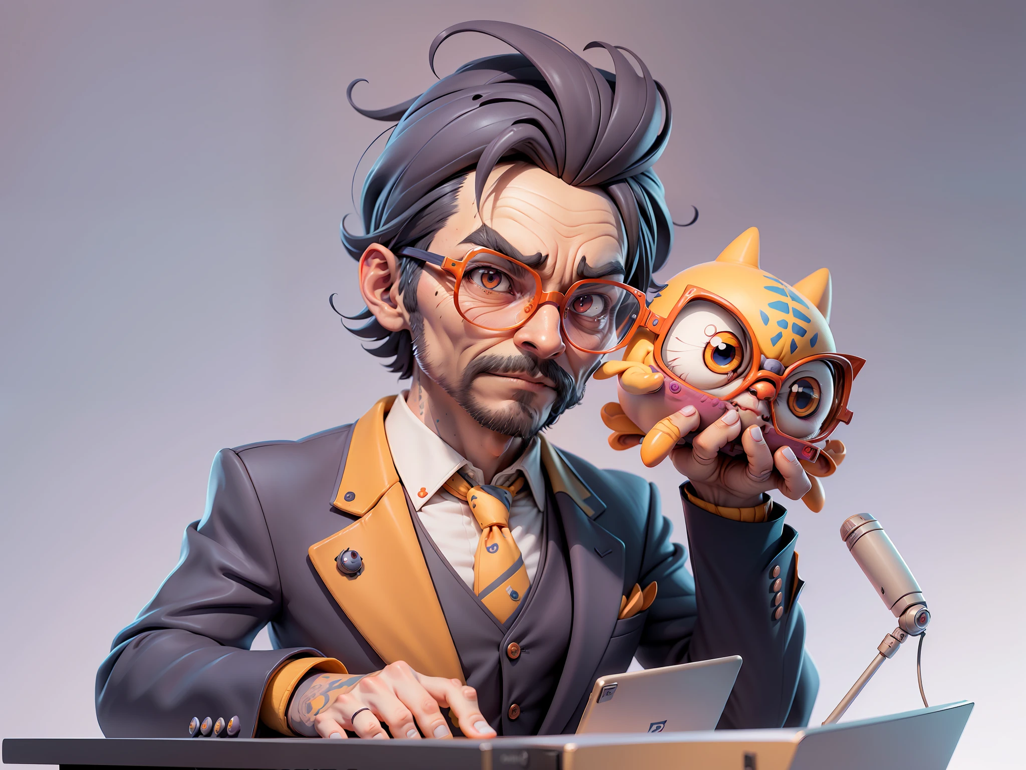 A young man in a suit, Short hair and glasses sat at his desk,holding laptop,digitial painting,tigre,3D character design by Mark Clairen and Pixar and Hayao Miyazaki and Akira Toriyama,4K HD illustration,Very detailed facial features and cartoon-style visuals。