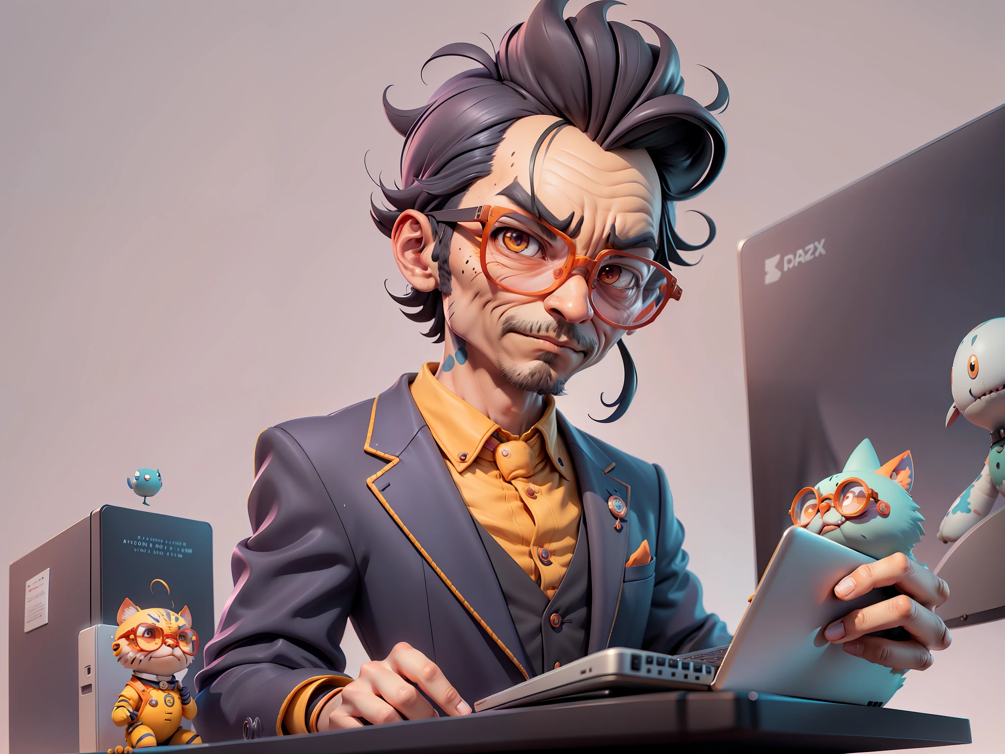 A young man in a suit, Short hair and glasses sat at his desk，holding laptop，digitial painting，tigre，3D character design by Mark Clairen and Pixar and Hayao Miyazaki and Akira Toriyama，4K HD illustration，Very detailed facial features and cartoon-style visuals。