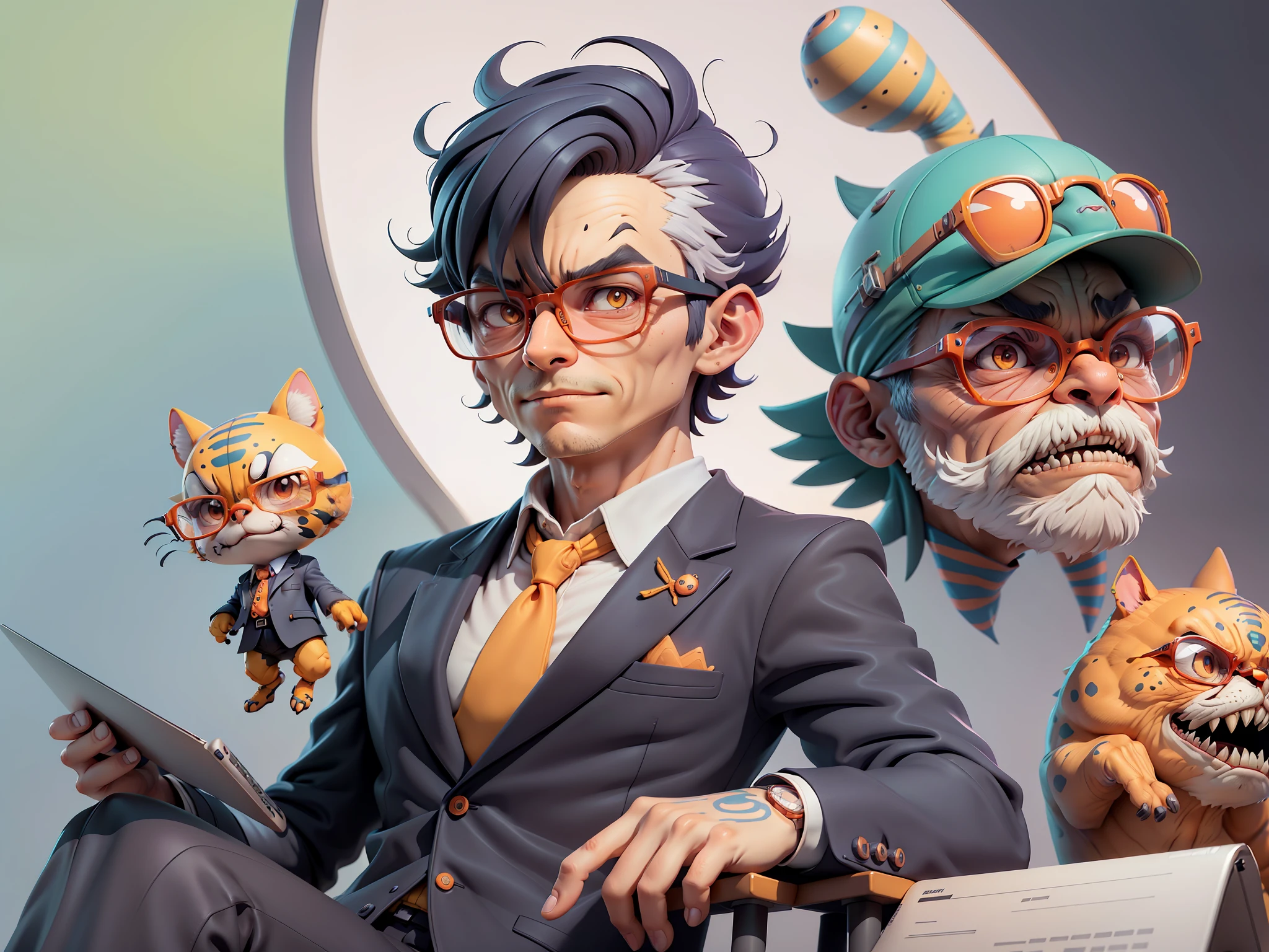 A young man in a suit, Short hair and glasses sat at his desk,holding laptop,digitial painting,tigre,3D character design by Mark Clairen and Pixar and Hayao Miyazaki and Akira Toriyama,4K HD illustration,Very detailed facial features and cartoon-style visuals。