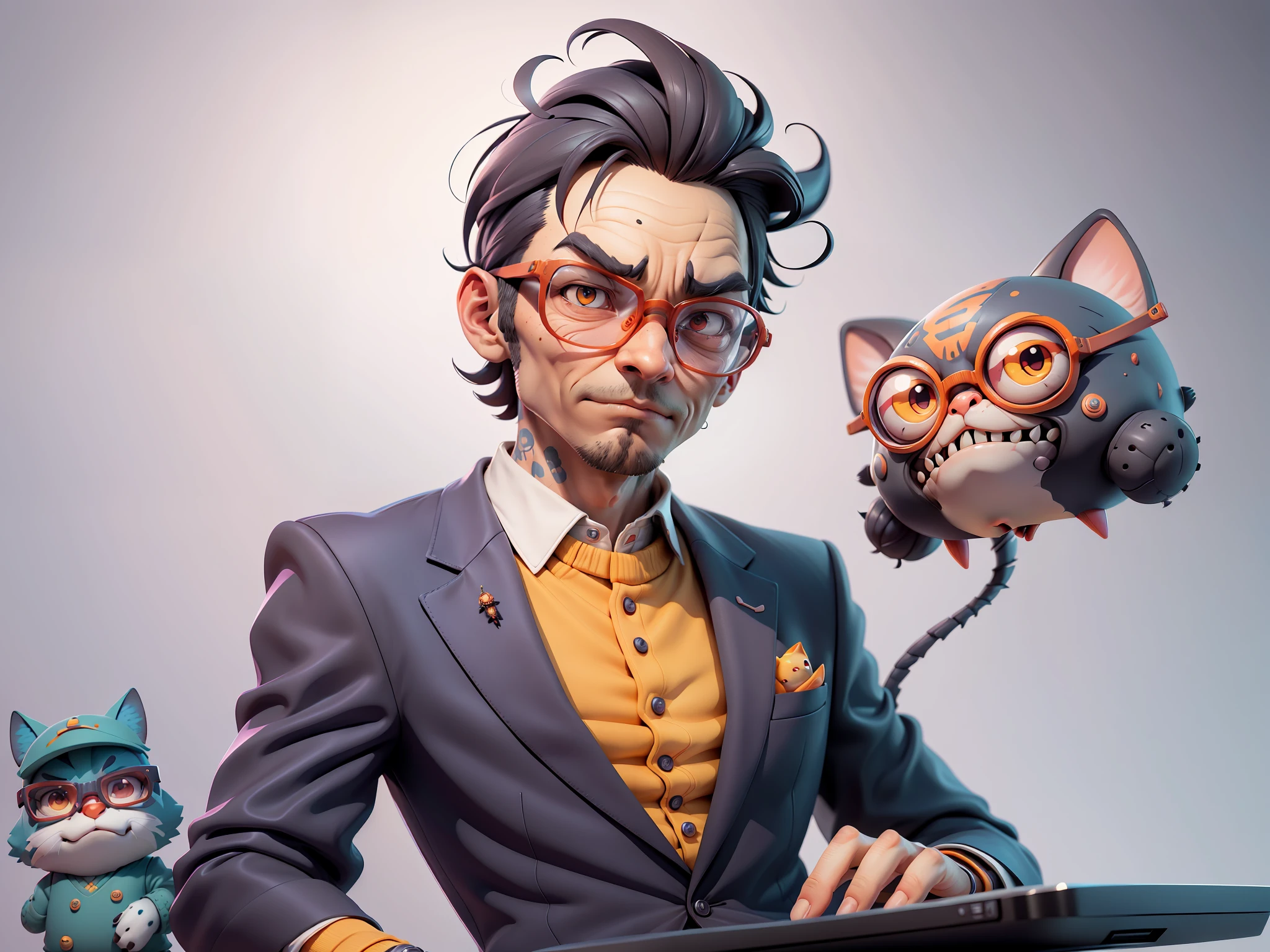 A young man in a suit, Short hair and glasses sat at his desk,holding laptop,digitial painting,tigre,3D character design by Mark Clairen and Pixar and Hayao Miyazaki and Akira Toriyama,4K HD illustration,Very detailed facial features and cartoon-style visuals。