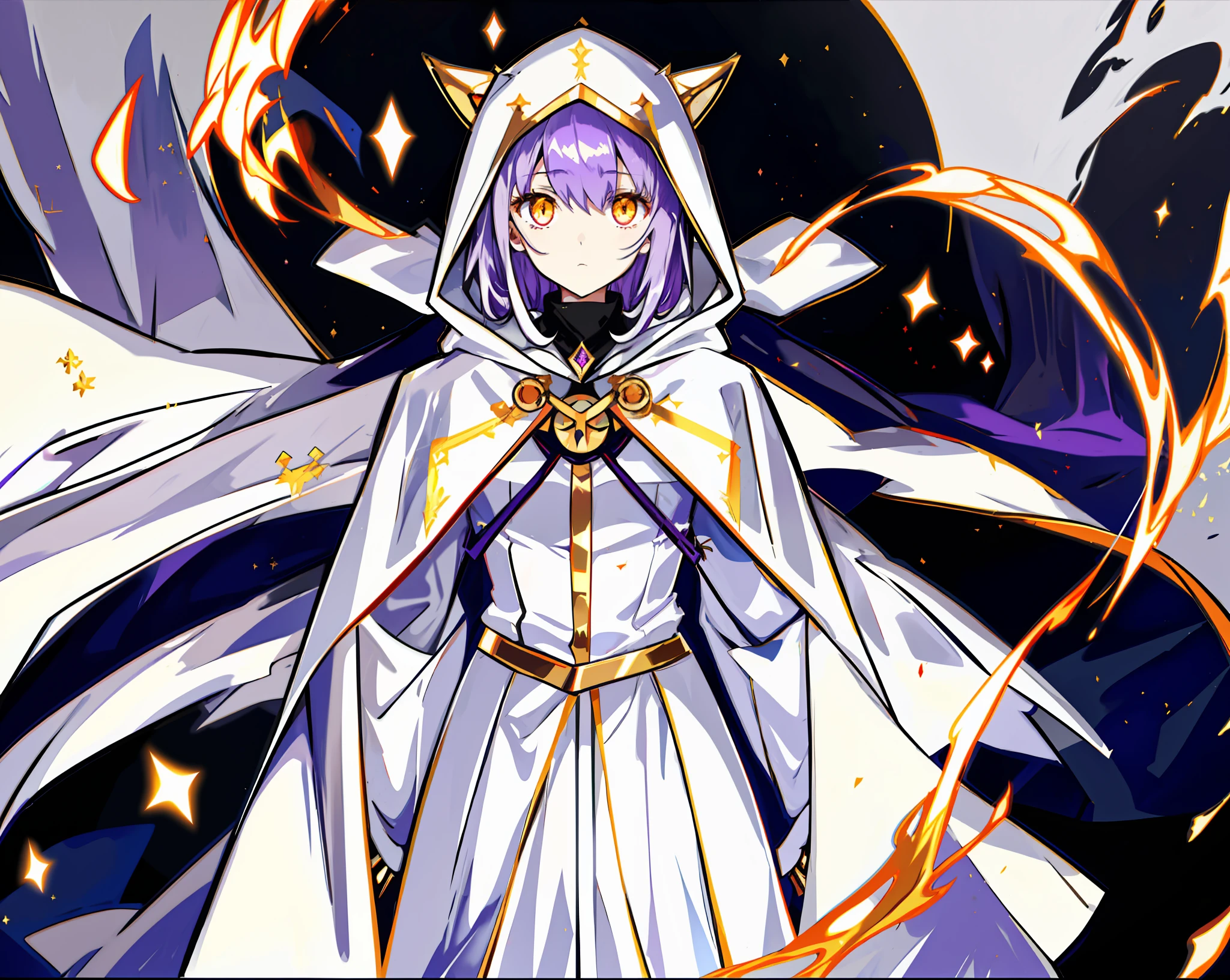 anime character with hood and cape with golden glowing eyes, cloaked, white cape, with golden glowing eyes, white robed, white robes with gold outline, purple hair underneath hood, obscured face