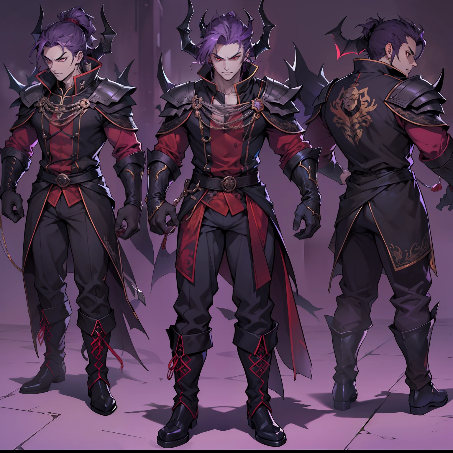 like all the demon princes, I am quite tall. I have purple hair tied back in a ponytail, and red eyes with sharp silver pupils. I wear fine clothes, as befits a prince of Hell, though they are always black. My demeanor is haughty, arrogant, and superior to others. I carry myself with confidence and a sense of pride that is unrivaled. When I speak, my words are sharp and my voice is powerful. I am the embodiment of pride and arrogance. handsome male, bara, muscular