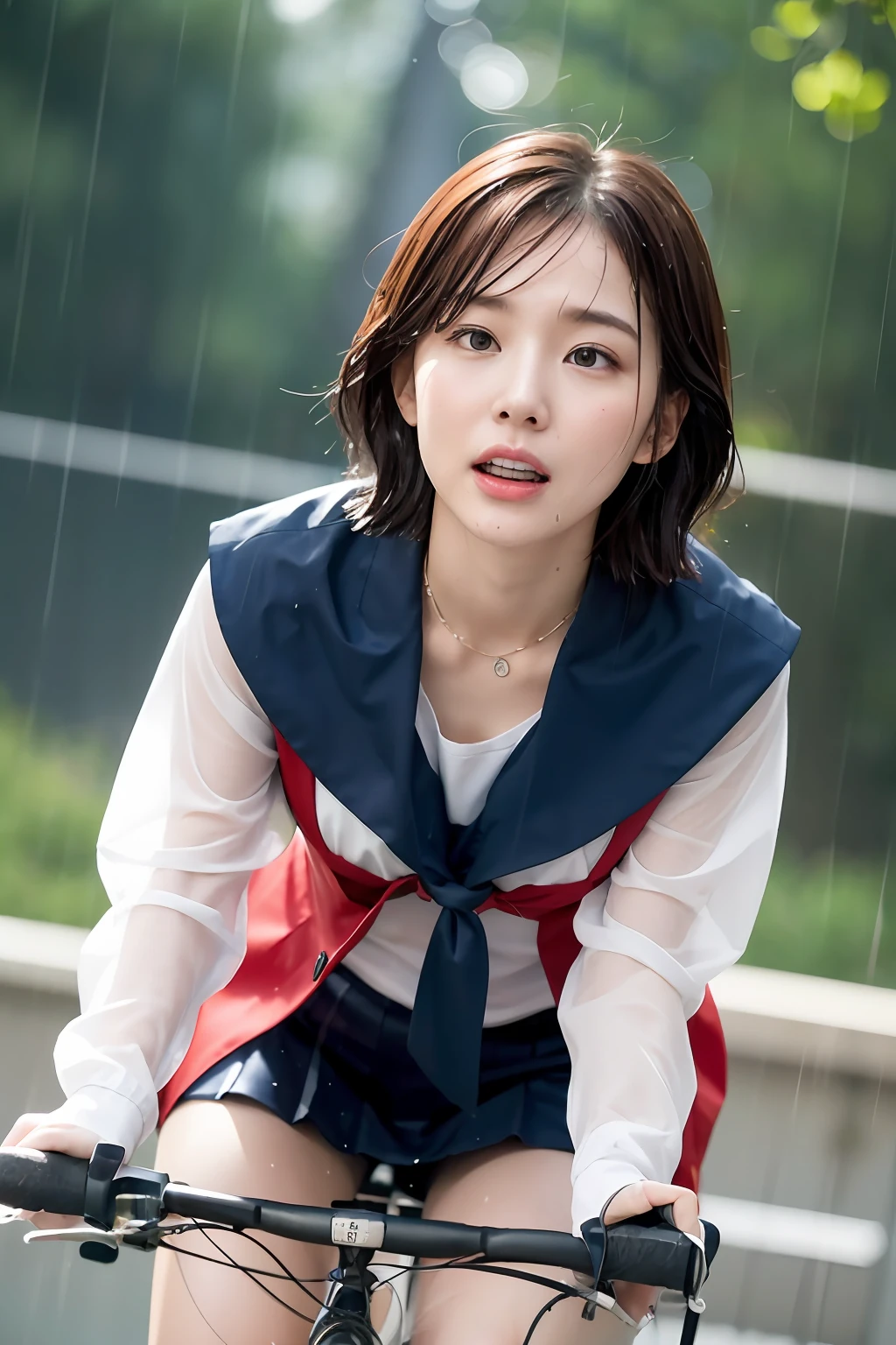 One Girl in the Rain、Blushing cheeks、((Red Bicycle))、((Riding a bike))、gazing at viewer、Heavy rain、large full breasts、A sheer sailor suit that sticks to your chest when wet、skirt by the、Girl in Japan uniform and girl in the rain 、Pedaling a bike in the rain、florals、hair pin、a necklace、piercings、Getting wet and leaning forward、from below looking up、depth of fields、pointed red mouth、short hair of reddish-brown color wet and shiny,,,,,,Red mouth,Black eyes、鎖骨、Beautiful fingers、Hourglass body、portrait of a full body、Loosen your tie、Wet cute face、