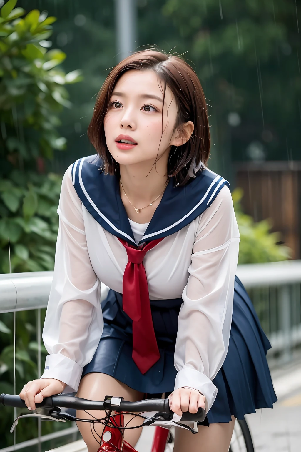 One Girl in the Rain、Blushing cheeks、((Red Bicycle))、((Riding a bike))、gazing at viewer、Heavy rain、large full breasts、A sheer sailor suit that sticks to your chest when wet、skirt by the、Girl in Japan uniform and girl in the rain 、Pedaling a bike in the rain、florals、hair pin、a necklace、piercings、Getting wet and leaning forward、from below looking up、depth of fields、pointed red mouth、short hair of reddish-brown color wet and shiny,,,,,,Red mouth,Black eyes、鎖骨、Beautiful fingers、Hourglass body、portrait of a full body、Loosen your tie、Wet cute face、