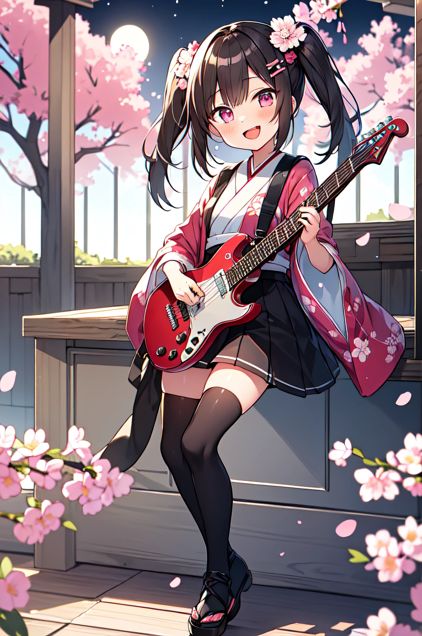 masterpiece,(high quality depth map:1.1), best quality, ultra-detailed,unity 8k wallpaper,crisp,(loli:1.2),(beautiful eyes), ((kawaii)), cute, (lovely), ((sexy)), (ero),
(ultra-detailliert), (The best illustrations), (Best Shadows),Perfect litthing,, vivd colour,,Full body,Mini skirt,,((Lori)),Black hair,,,small tits,Open mouth,
1girl, instrument, solo, brown hair, long hair, twintails, tongue out, tongue, moon, guitar, thighhighs, japanese clothes, cherry blossoms, pink eyes, looking at viewer, hair ornament, smile