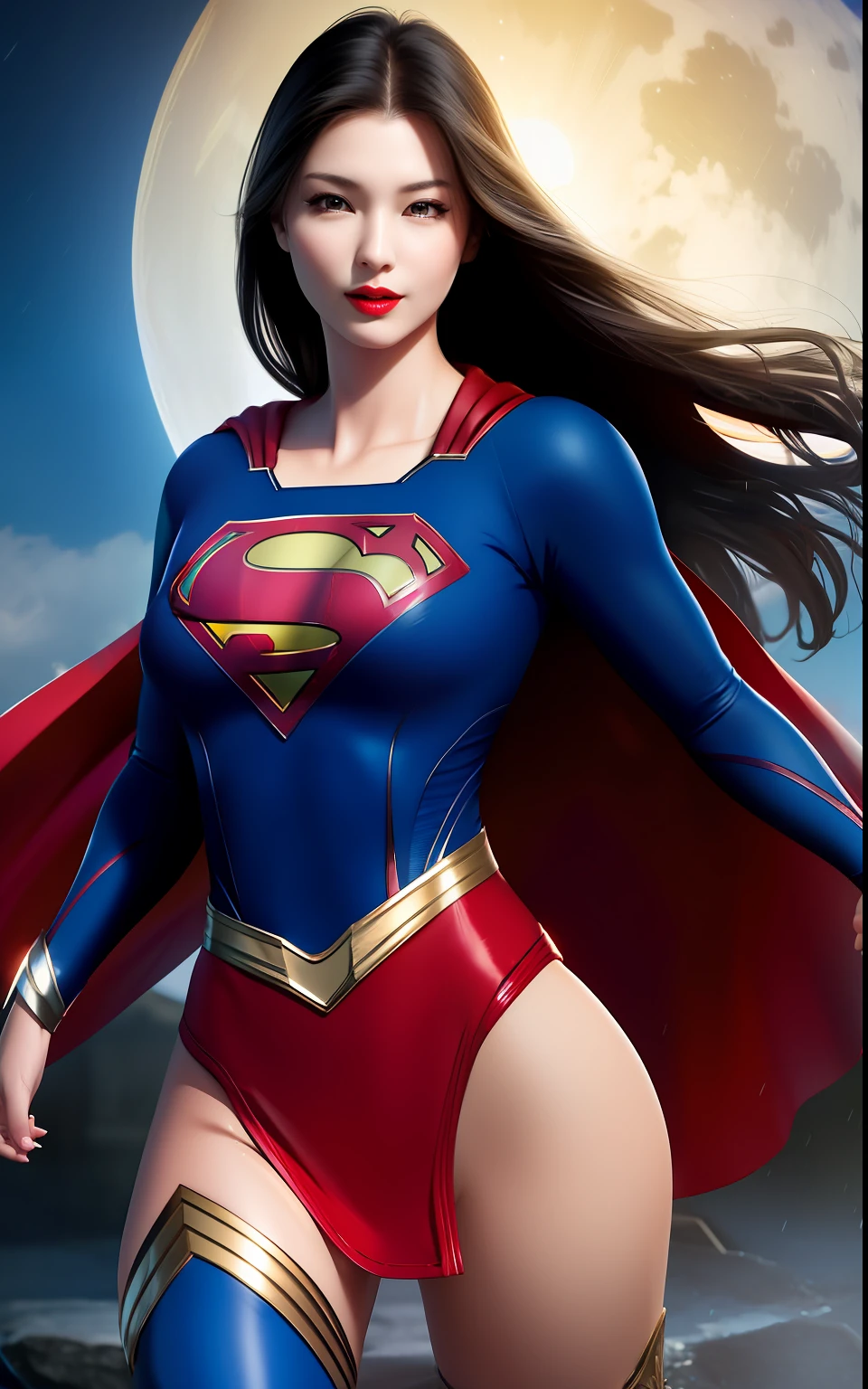 Best quality, Masterpiece,Blue Superman bikini uniform,Supergirl,nakeness,cleavage,1 girl, Mature woman,brunette color hair,hair straight,Oriental woman, Redlip, Brown eyes,,Bigchest,Nipples,legs are open,full bodyesbian,nakeness,Lewdness,leering,Rained,She's wet,Lust is high,Aphrodisiacs were taken,Expose the lower body,The lower body is convex,Camel toes,Photorealistic, rim lit, twotonelighting,(highdetailskin:1.2), 8K, Ultra HD, Digital SLR, Soft lighting, High quality, voluminetric lighting, photographed, high resolution, 4K, 8K,exteriors,the night,full moon
