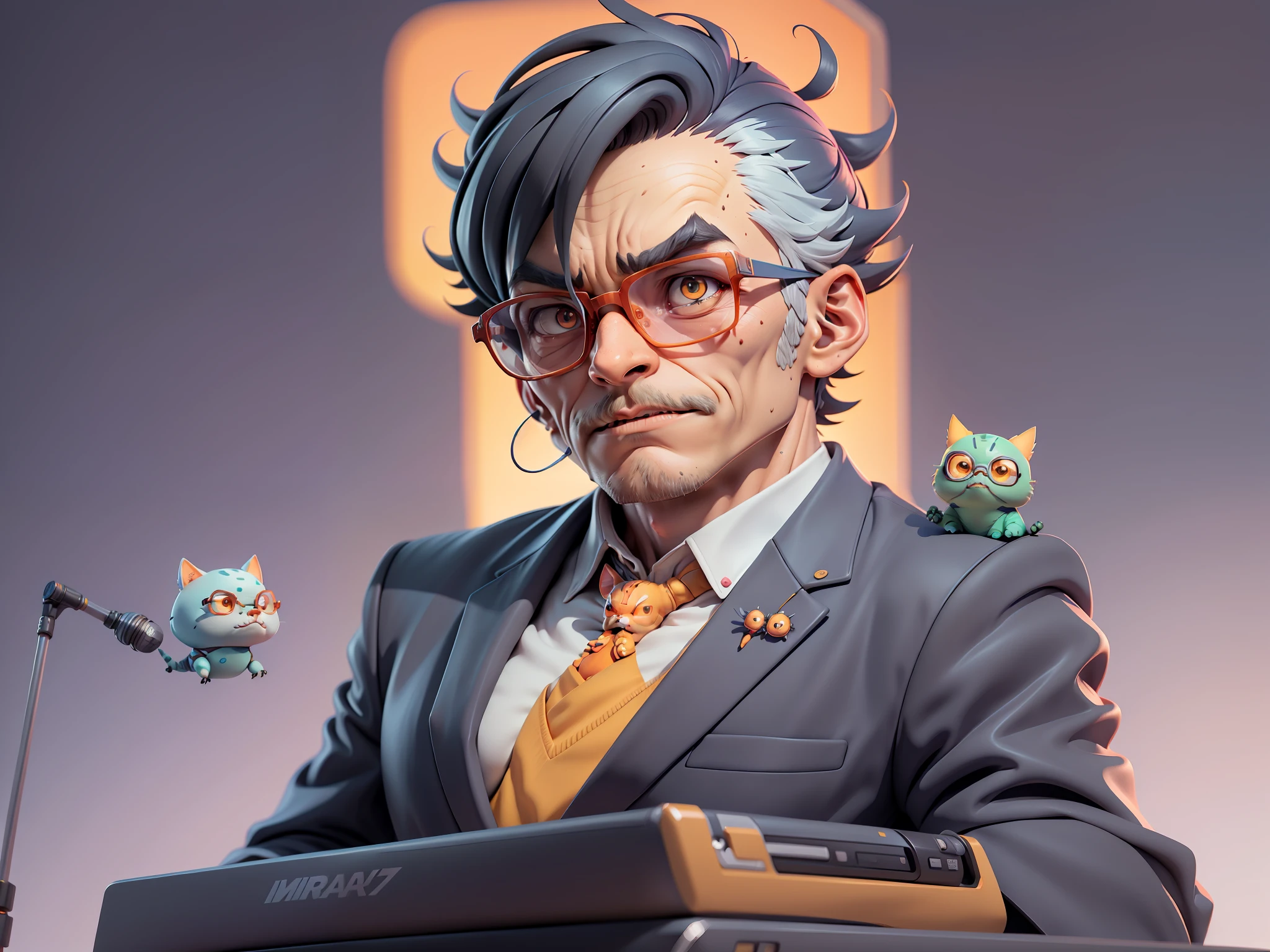 A young man in a suit, Short hair and glasses sat at his desk,holding laptop,digitial painting,tigre,3D character design by Mark Clairen and Pixar and Hayao Miyazaki and Akira Toriyama,4K HD illustration,Very detailed facial features and cartoon-style visuals。