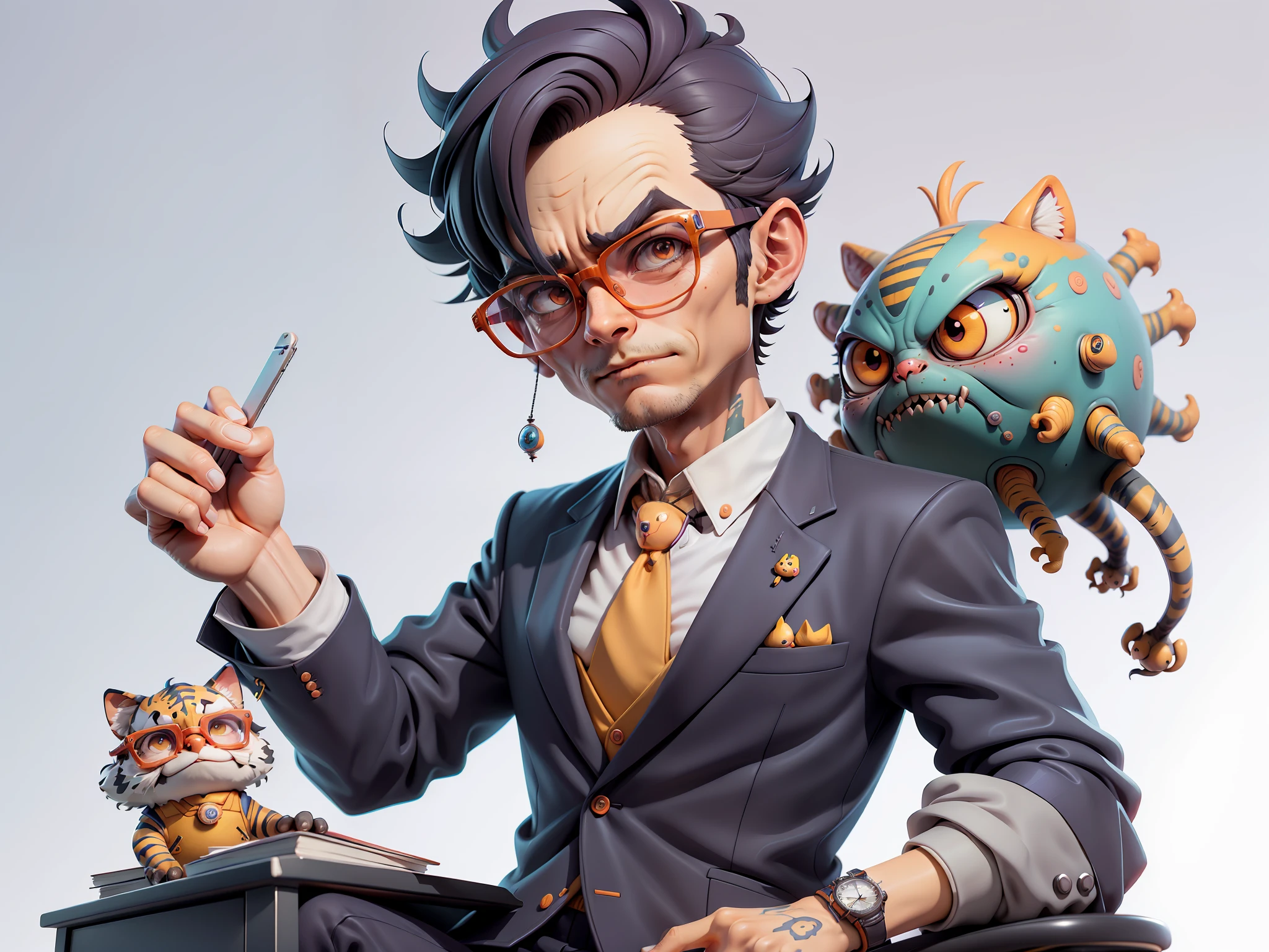 A young man in a suit, Short hair and glasses sat at his desk,holding laptop,digitial painting,tigre,3D character design by Mark Clairen and Pixar and Hayao Miyazaki and Akira Toriyama,4K HD illustration,Very detailed facial features and cartoon-style visuals。