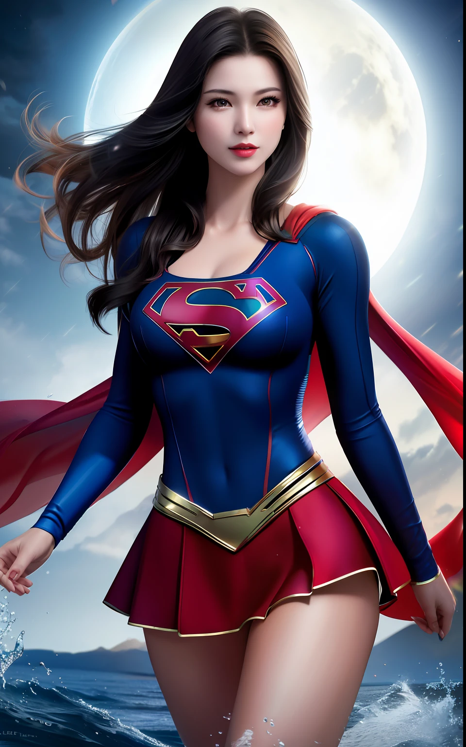 Best quality, Masterpiece,Blue Superman bikini uniform，Supergirl，nakeness，cleavage，1 girl, Mature woman，brunette color hair，hair straight，Oriental woman， Redlip, Brown eyes,,Bigchest，Nipples，legs are open，full bodyesbian，nakeness，Lewdness，leering，Rained，She's wet，Lust is high，Aphrodisiacs were taken，Expose the lower body，The lower body is convex，Camel toes，Photorealistic, rim lit, twotonelighting,(highdetailskin:1.2), 8K, Ultra HD, Digital SLR, Soft lighting, High quality, voluminetric lighting, photographed, high resolution, 4K, 8K,exteriors，the night，full moon