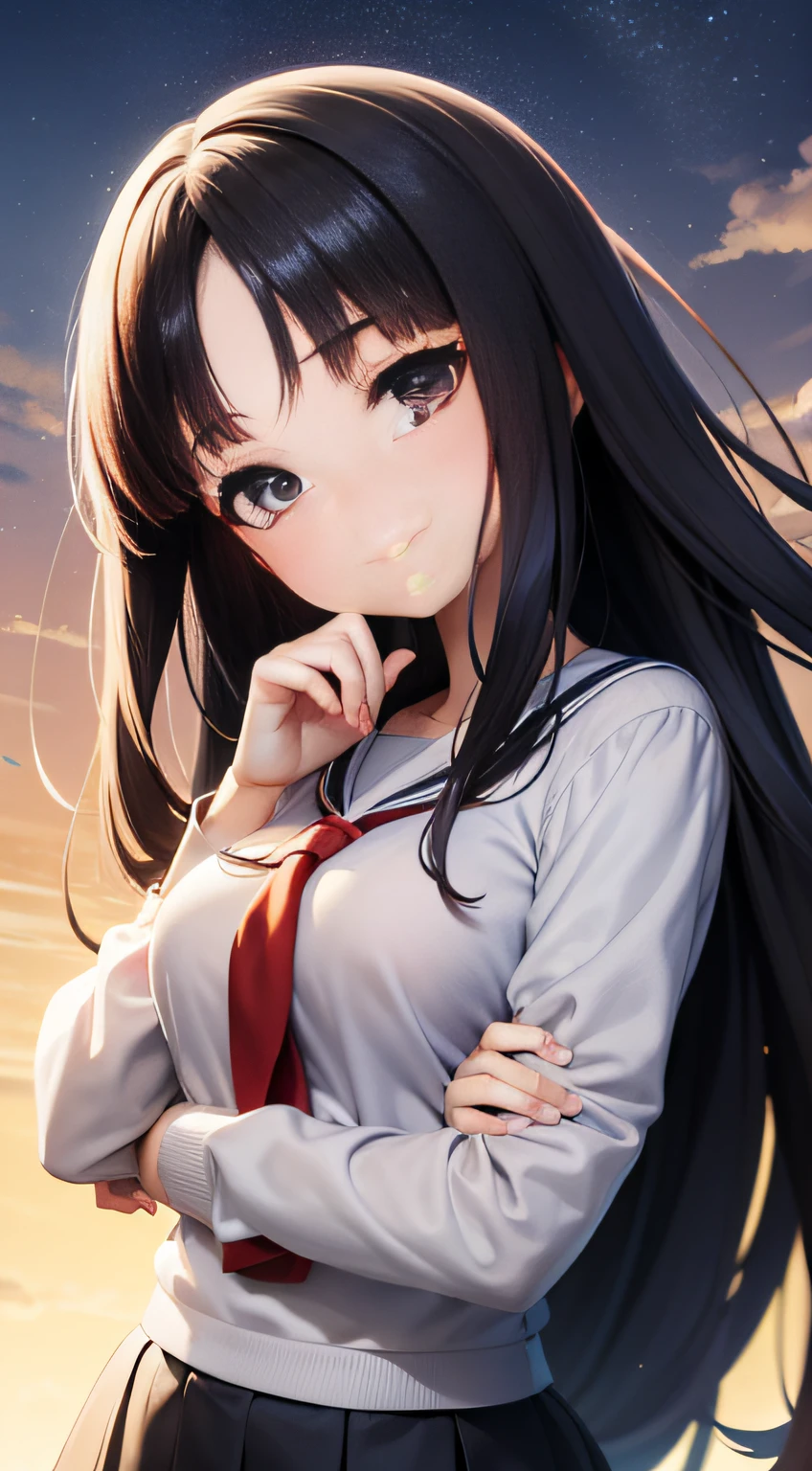 Anime girl with one hand on her chin and tilting her head to have doubts, student,A dark-haired,The long-haired,Perfect smile,Made at Studio Ghibli, digital art on pixiv, fluid acrylic, Dynamic gradients, illustratio, It features a simple, Vector art, Character Design, Posterized,white backgrounid, Collection of masterpieces,