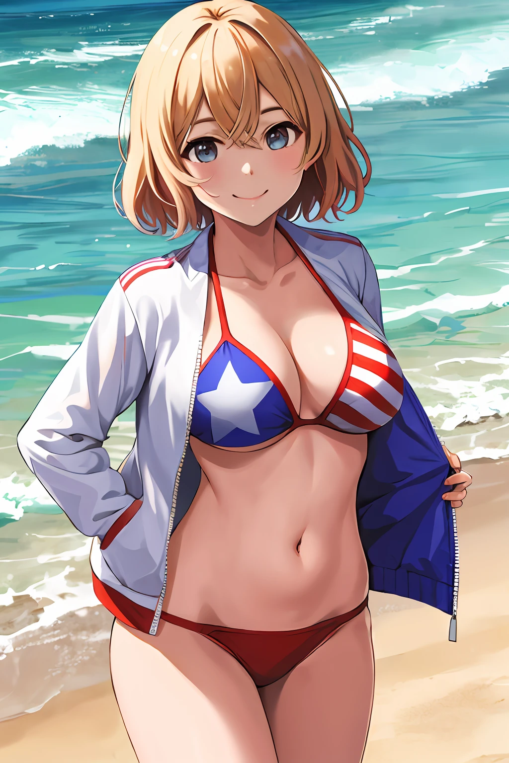 masterpiece, best quality, highres, nm1, swimsuit, american flag bikini,white jacket, cowboy shot, standing, smile, beach