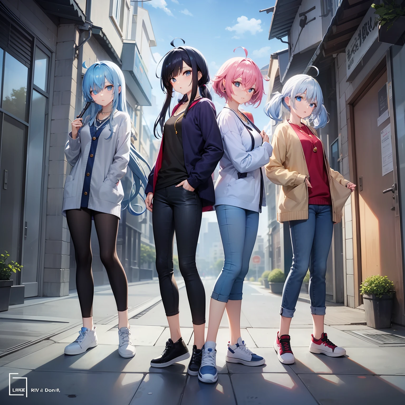 Anime style、女の子1人、full body Esbian、expressionless face、{hairstyle on:(one eye covered),(Cover your right eye),(blue hairs),(Twin-tailed)、(Ahoge)}、jeans、light blue cardigan、white shirt、Three-leaf necklace、blue eyess、Blue sneakers、to stand、Front composition