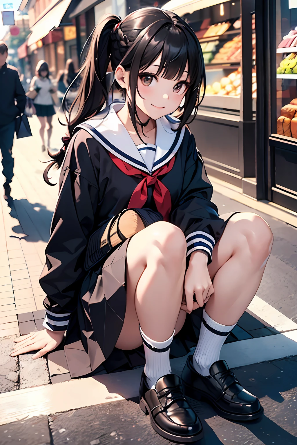 (top-quality、in 8K、32K、masterpiece、nffsw、ighly detailed、Impresionismo:1.2)、Full body, (shopping street:1.4)、realistic shadow、beauitful face、blurry backround、-yeld beiful girl、shinny skin, Beautiful black hair、Blunt bangs、 braided ponytails、Brown eyes、a sailor suit、pleatedskirt、Black socks、Black shoes、A smile、Striped panties、thighs thighs thighs thighs、from the front side、Opening legs、