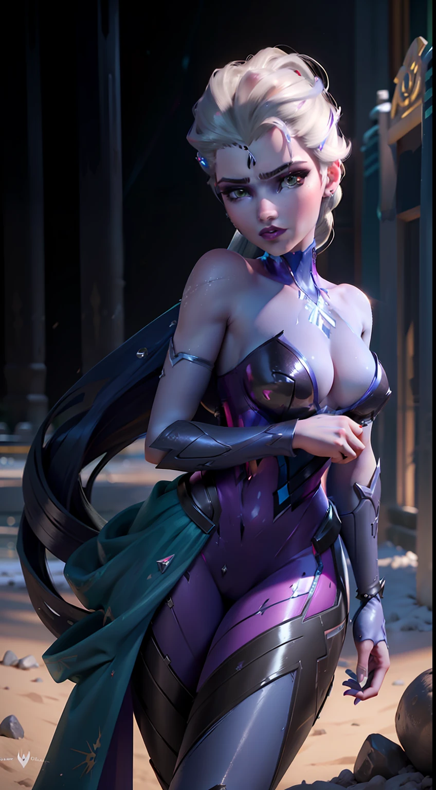 Elsa-Widowmaker Fusion, Mesclando modelos, melting, Roupas da Widowmaker, 1girl, Beautiful, character, Woman, female, Corpo inteiro, Full Body, (master part:1.2), (melhor qualidade:1.2), (sozinho:1.2), ((pose de luta)), ((campo de batalha)), cinemactic, olhos perfeitos, pele perfeita, perfect lighting, sorrir, luz, cor, pele texturizada, detalhe, Beleza, maravilha, ultra-detalhado, rosto perfeito