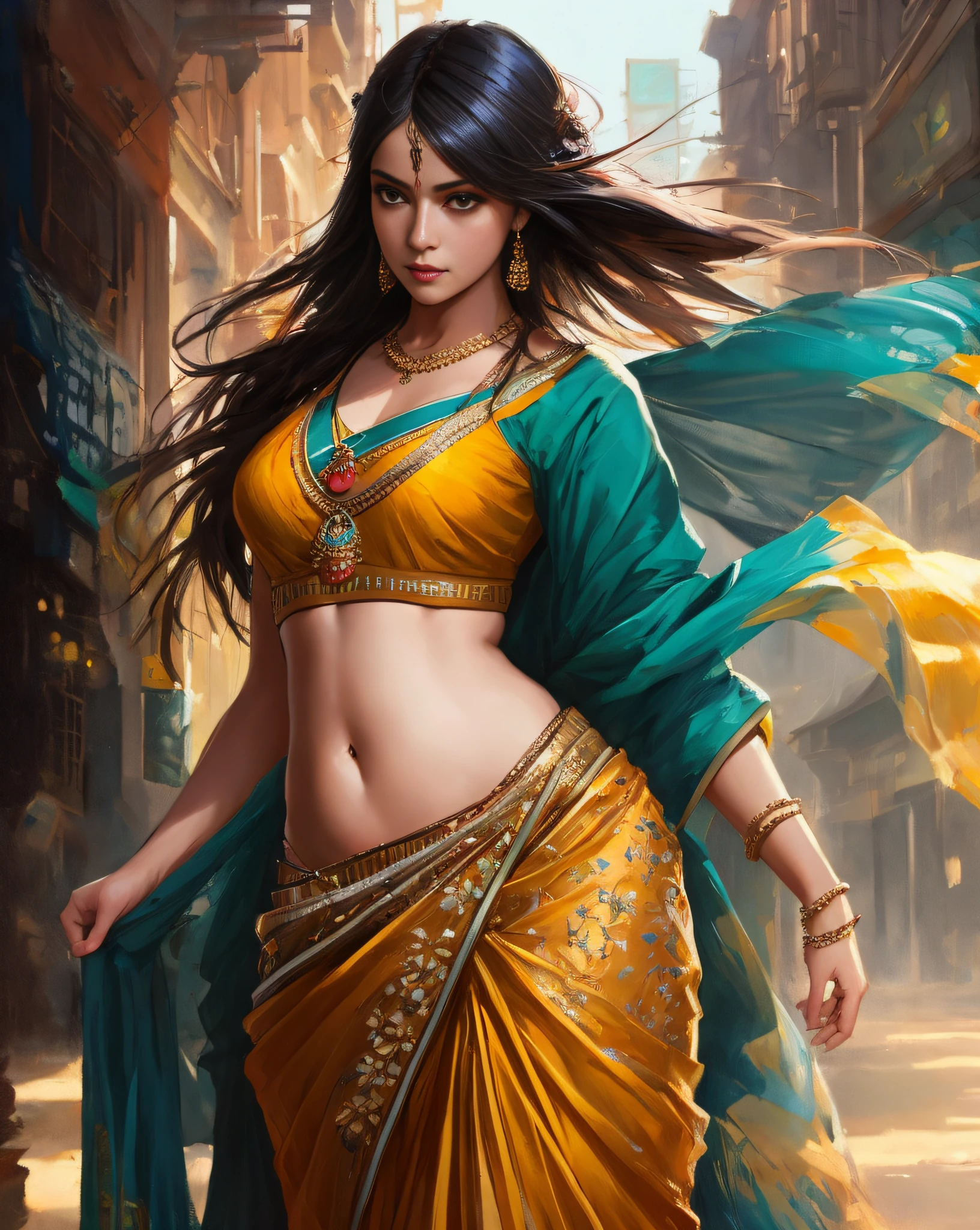 modelshoot style, (extremely detailed CG unity 8k wallpaper), full shot body photo of the most beautiful artwork in the world, stunningly beautiful photo realistic cute women in saree  (navel:1.5), professional majestic oil painting by Ed Blinkey, Atey Ghailan, Studio Ghibli, by Jeremy Mann, Greg Manchess, Antonio Moro, trending on ArtStation, trending on CGSociety, Intricate, High Detail, Sharp focus, dramatic, photorealistic painting art by midjourney and greg rutkowski