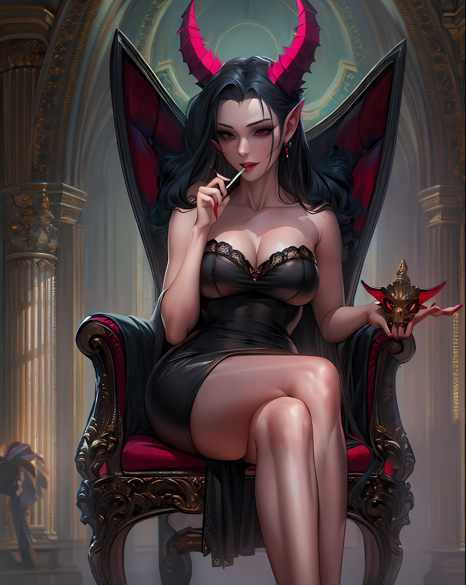 a woman in a black dress and devil ears sitting on a chair, holding a vintage cigarette, succubus in tight short dress, demoness, beautiful succubus, succubus, very sexy devil outfit, mistress, succubus in sundress portrait, lilith, lexaiduer, eye reflection, Hyperrealism, 4K, 8k, highres, award winning, super detail, high details, textured skin, anatomically correct, masterpiece