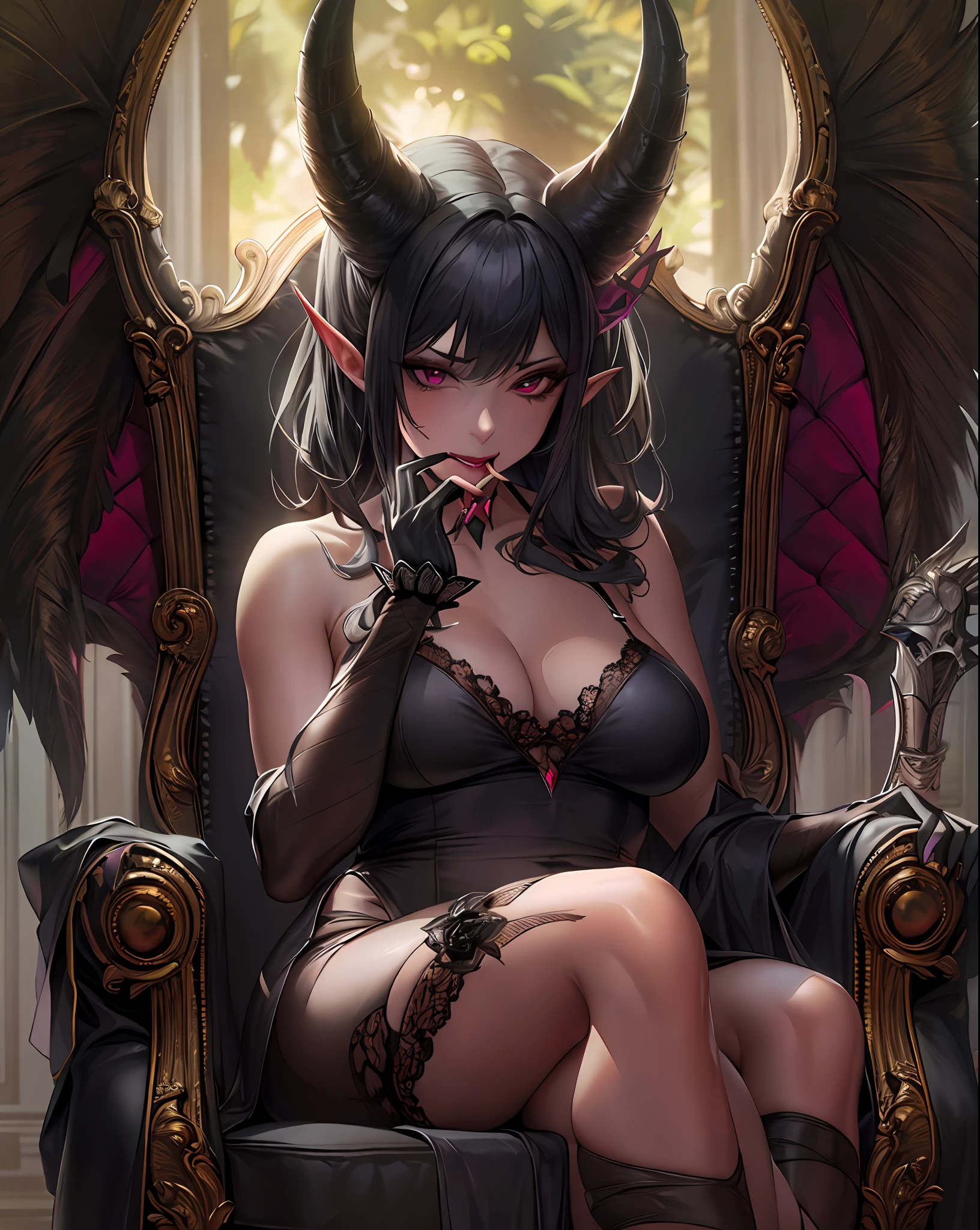 a woman in a black dress and devil ears sitting on a chair, holding a vintage cigarette, succubus in tight short dress, demoness, beautiful succubus, succubus, very sexy devil outfit, mistress, succubus in sundress portrait, lilith, lexaiduer, eye reflection, Hyperrealism, 4K, 8k, highres, award winning, super detail, high details, textured skin, anatomically correct, masterpiece