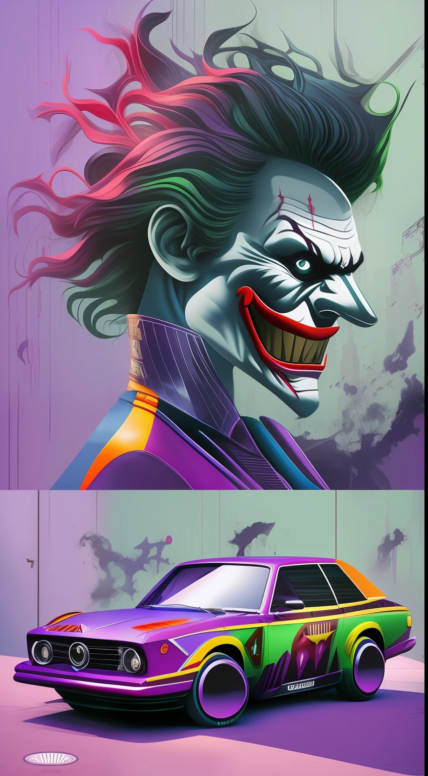 "Get ready for a wild ride with 'Joker Car' - a nastily fun and chaotic car inspired by the one and only Joker! This twisted and flamboyant car is a unique blend of automotive madness and brilliance.
'Coringa Carro' apresenta um esquema de cores vibrante e atraente, com uma mistura de roxo, verde, e toques de laranja, reflecting the Joker's iconic colors.
Car design is anything but ordinary, with elegant curves and exaggerated strokes that embody the Joker's love of chaos and talent.
A grade frontal pode ser criativamente estilizada para se assemelhar ao sorriso sinistro do Coringa, adding an element of intimidation and playfulness.
The car's headlights can be designed to look like the Joker's crazed eyes, capturing the essence of his disjointed persona.
In the background, We can have an urban landscape with neon lights and swirling clouds, representing the chaotic and unpredictable world of the Joker.
The overall atmosphere should evoke a sense of excitement and chaos, capturing the essence of this extraordinary and exciting Joker-inspired car.
now, it's time for image-creating AI to bring 'Joker Car' to life, showing the extravagant and chaotic glow of this captivating car. Surprise us with your artistic talent and create a truly mesmerizing and adrenaline-filled portrait of this extraordinary vehicle!"